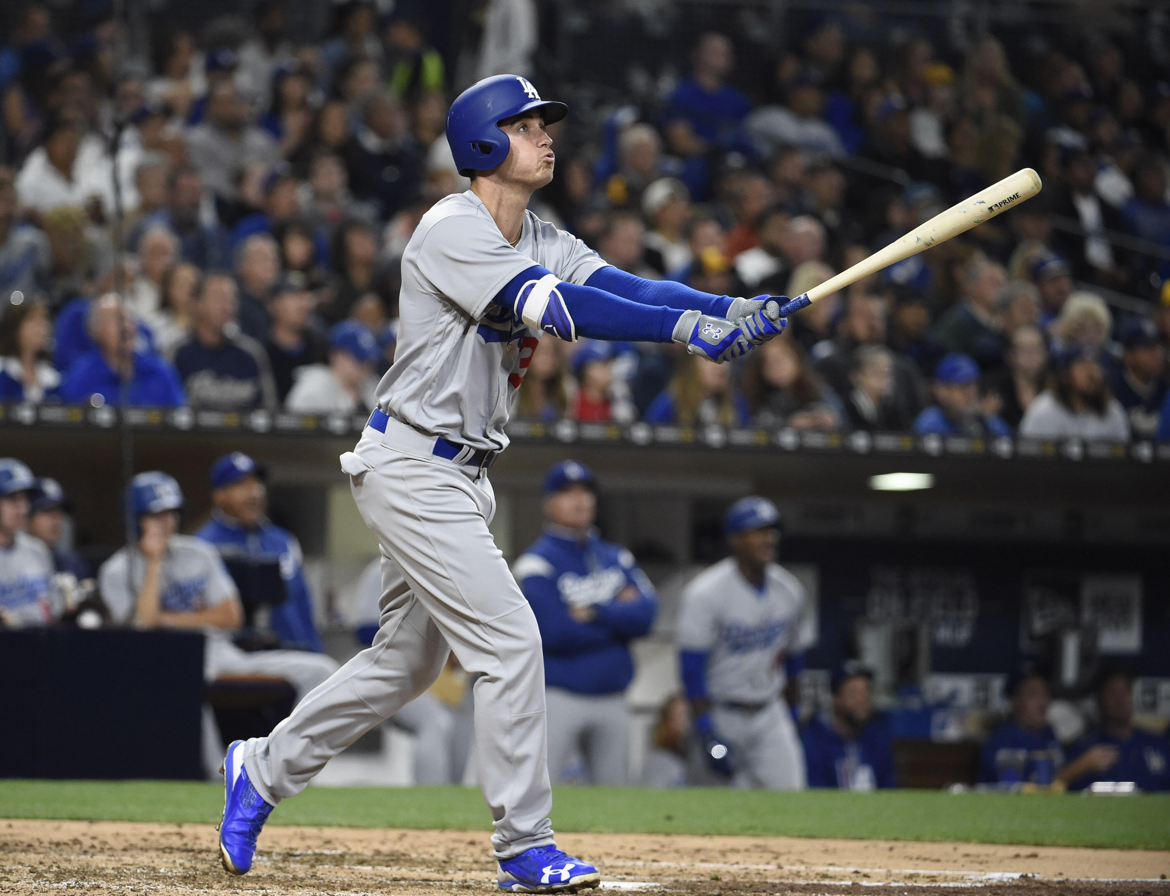 SAN DIEGO, CA - MAY 5: Cody Bellinger #35 of the Los Angeles Dodgers hits a solo home run during the fourth inning of a baseball game against the San Diego Padres at PETCO Park on May 5, 2017 in San Diego, California.  (Photo by Denis Poroy/Getty Images)