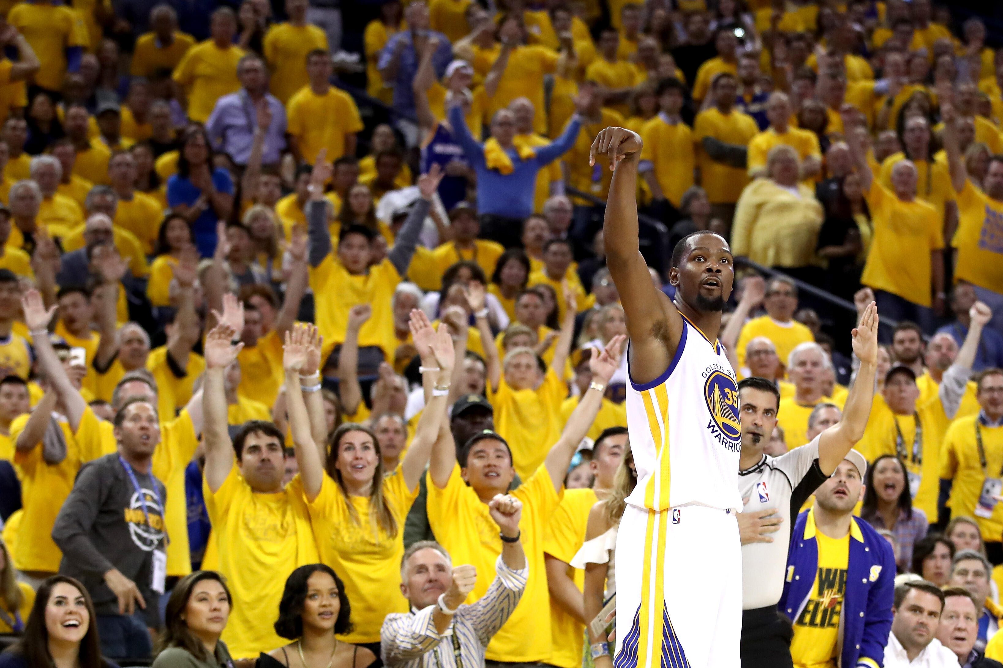 OAKLAND, CA - JUNE 01:  Kevin Durant #35 of the Golden State Warriors watches his three-point shot in Game 1 of the 2017 NBA Finals against the Cleveland Cavaliers at ORACLE Arena on June 1, 2017 in Oakland, California. NOTE TO USER: User expressly acknow