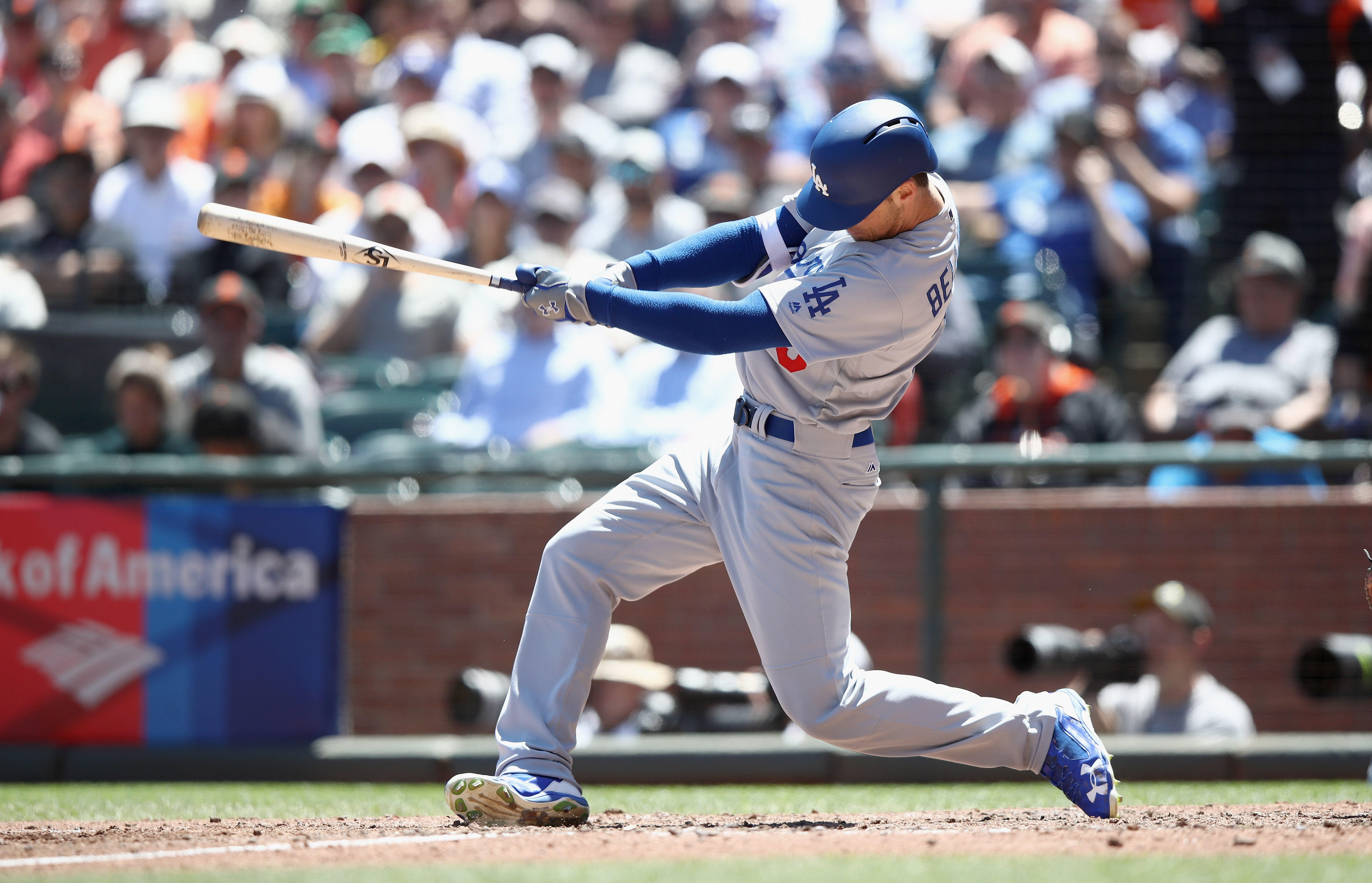 SAN FRANCISCO, CA - MAY 17:  Cody Bellinger #35 of the Los Angeles Dodgers hits a double in the sixth inning at AT&T Park on May 17, 2017 in San Francisco, California.  (Photo by Ezra Shaw/Getty Images)