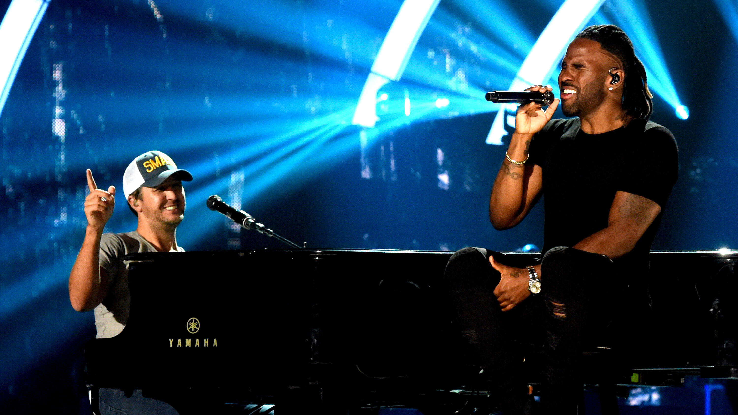 NASHVILLE, TN - JUNE 05:  Singer-songwriters Luke Bryan and Jason Derulo perform onstage during the 2017 CMT Music Awards - Rehearsals at Music City Convention Center on June 5, 2017 in Nashville, Tennessee.  (Photo by Rick Diamond/Getty Images for CMT)