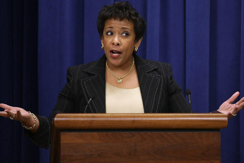 WASHINGTON, DC - DECEMBER 03:  U.S. Attorney General Loretta Lynch makes a brief statement about Wednesday's mass shooting in San Bernardino, California, ahead of her remarks during a criminal justices reform in the Eisenhower Executive Office Building De