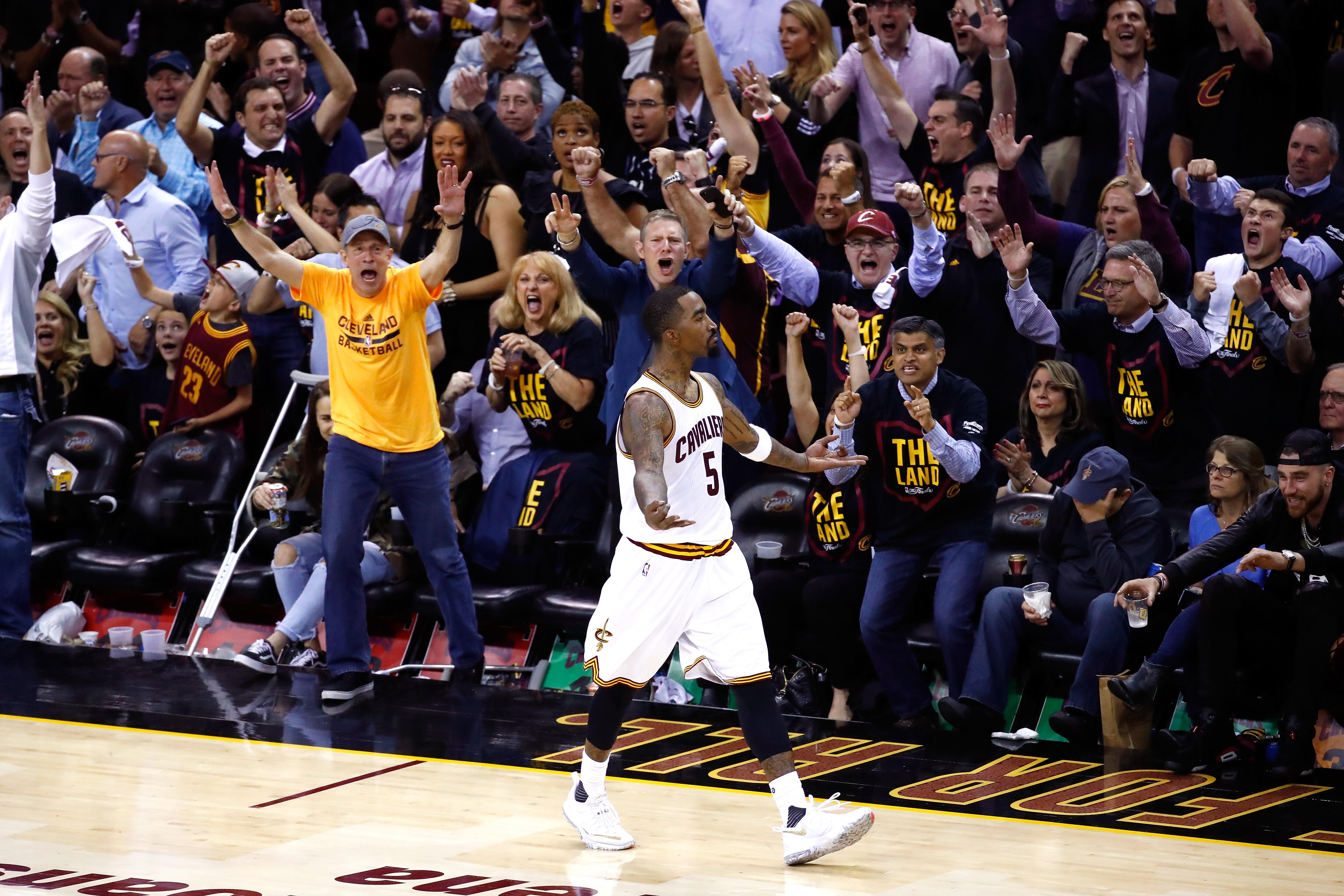 CLEVELAND, OH - JUNE 07:  JR Smith #5 of the Cleveland Cavaliers reacts after a basket in the second half against the Golden State Warriors in Game 3 of the 2017 NBA Finals at Quicken Loans Arena on June 7, 2017 in Cleveland, Ohio. NOTE TO USER: User expr