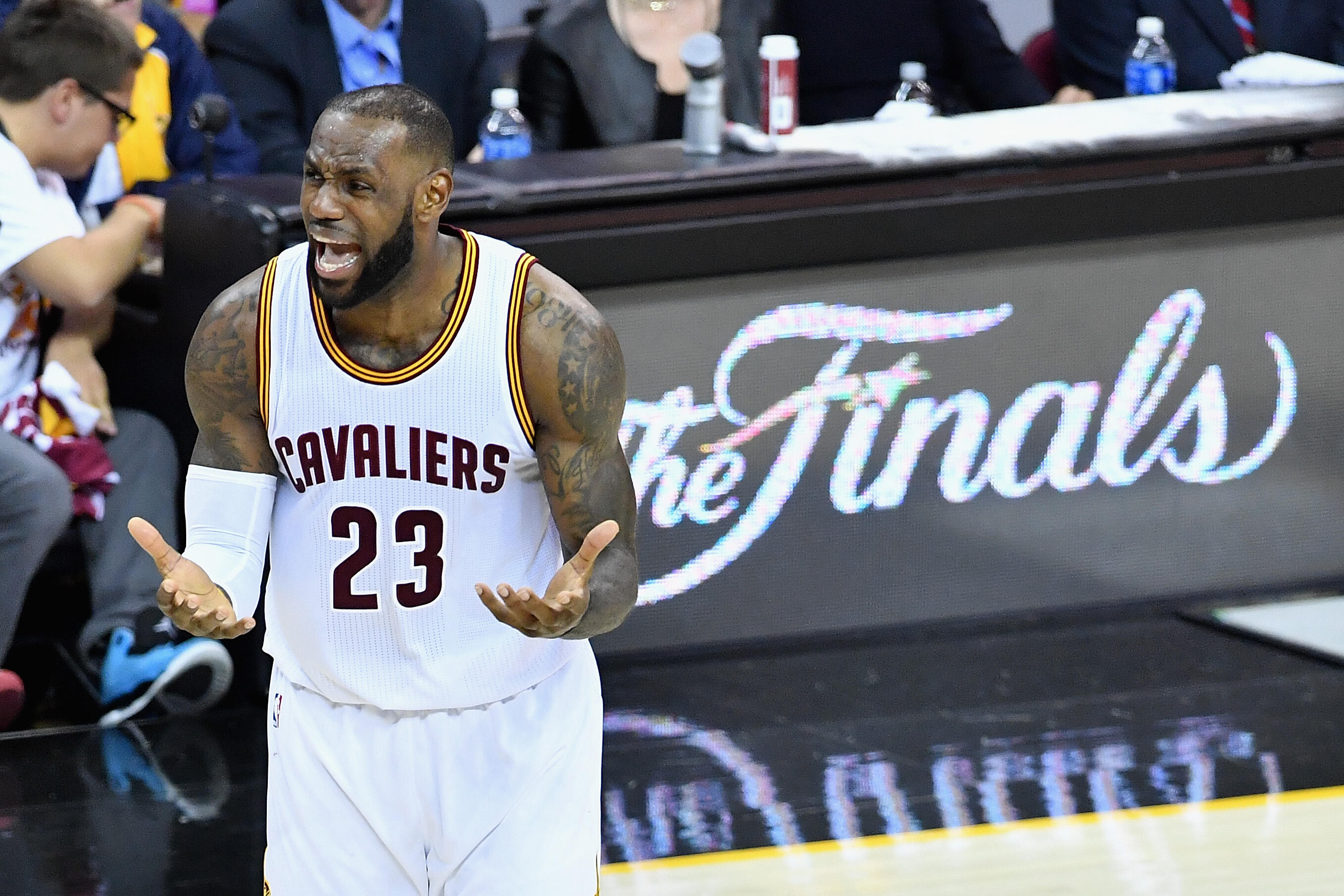 CLEVELAND, OH - JUNE 07:  LeBron James #23 of the Cleveland Cavaliers reacts in the second half against the Golden State Warriors in Game 3 of the 2017 NBA Finals at Quicken Loans Arena on June 7, 2017 in Cleveland, Ohio. NOTE TO USER: User expressly ackn