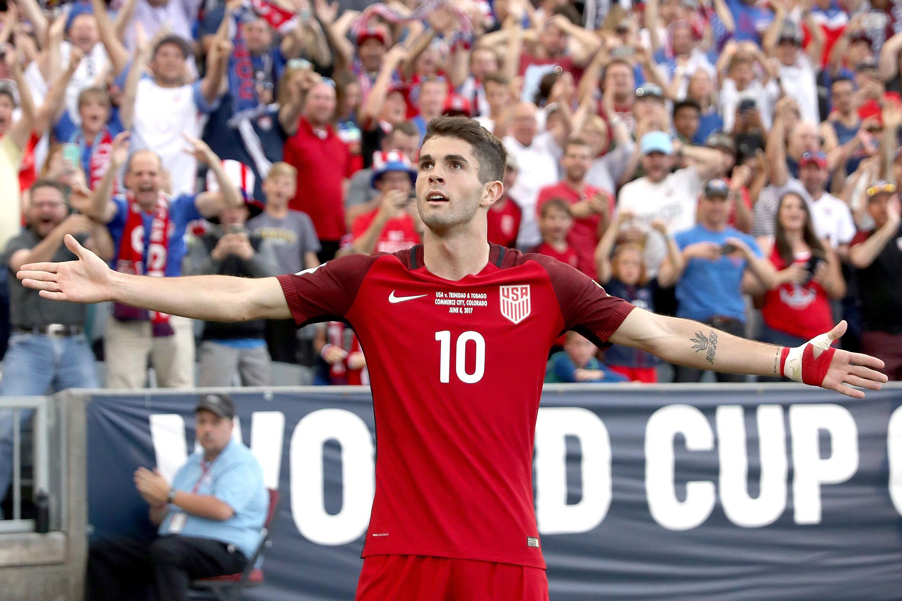 COMMERCE CITY, CO - JUNE 08:  Christian Pulisic #10 of the U.S. National Team celebrates scoring a goal against Trinidad & Tabago in the second half during the FIFA 2018 World Cup Qualifier at Dick's Sporting Goods Park on June 8, 2017 in Commerce City, C