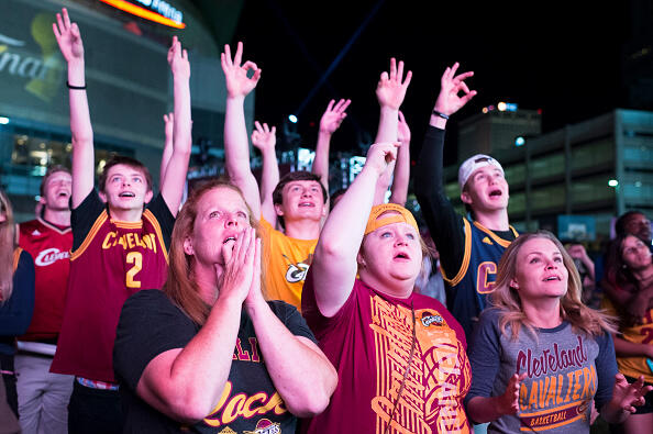 CLEVELAND, OH - JUNE 09: Cleveland Cavaliers fans gather at The Quicken Loans Arena to watch Game 4 of the NBA Finals between the Cleveland Cavaliers and the Golden State Warriors on June 9, 2017 in Cleveland, Ohio. Cleveland, the defending NBA Champions, came back to win 137-116 and force Game 5 in the series. (Photo by Angelo Merendino/Getty Images)
