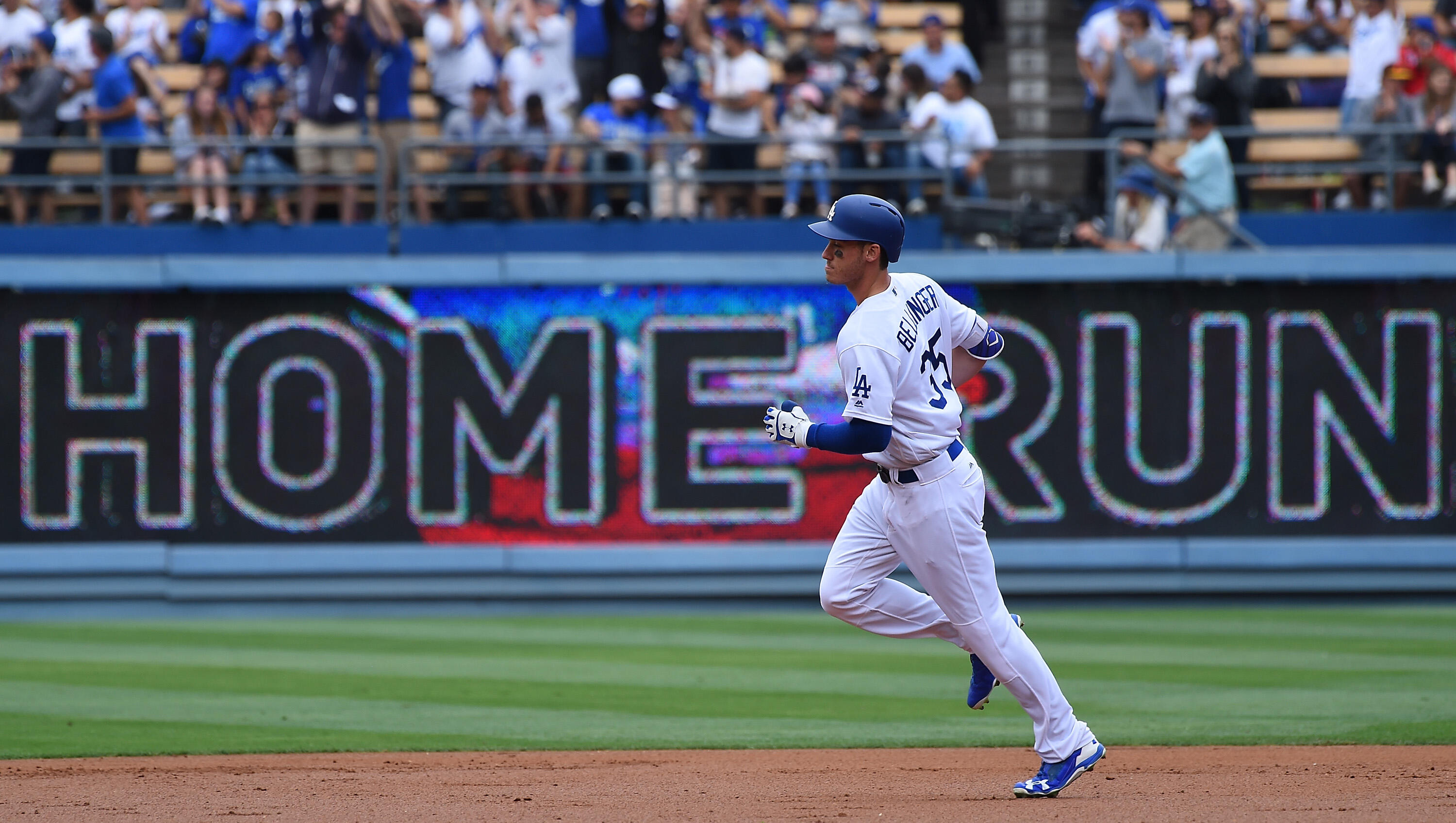 LOS ANGELES, CA - JUNE 11:  Cody Bellinger #35 of the Los Angeles Dodgers rounds the bases after a two run home run in the second inning of the game against the Cincinnati Reds at Dodger Stadium on June 11, 2017 in Los Angeles, California. (Photo by Jayne