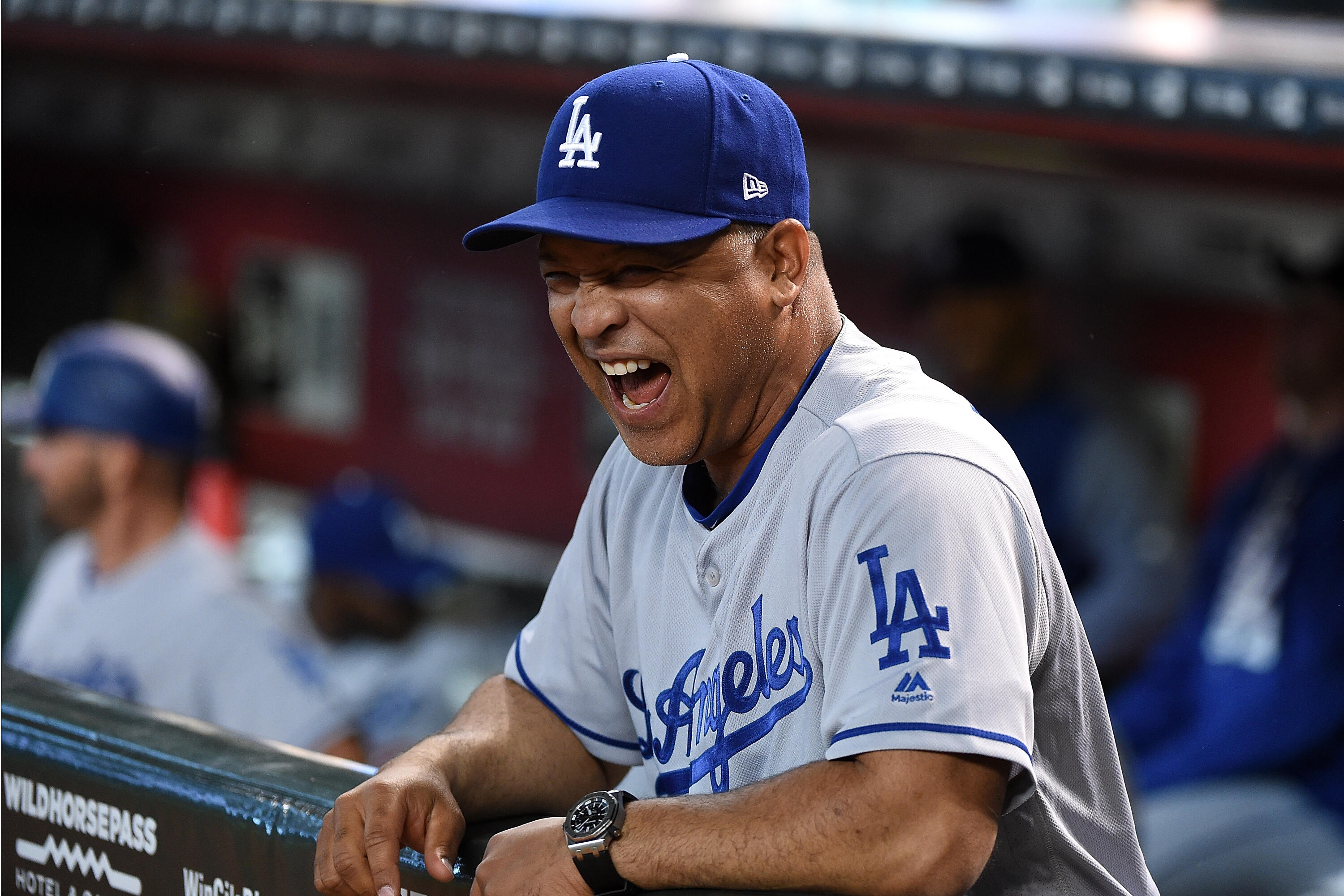 PHOENIX, AZ - APRIL 22:  Manager Dave Roberts #30 of the Los Angeles Dodgers prepares for a game against the Arizona Diamondbacks at Chase Field on April 22, 2017 in Phoenix, Arizona.  (Photo by Norm Hall/Getty Images)