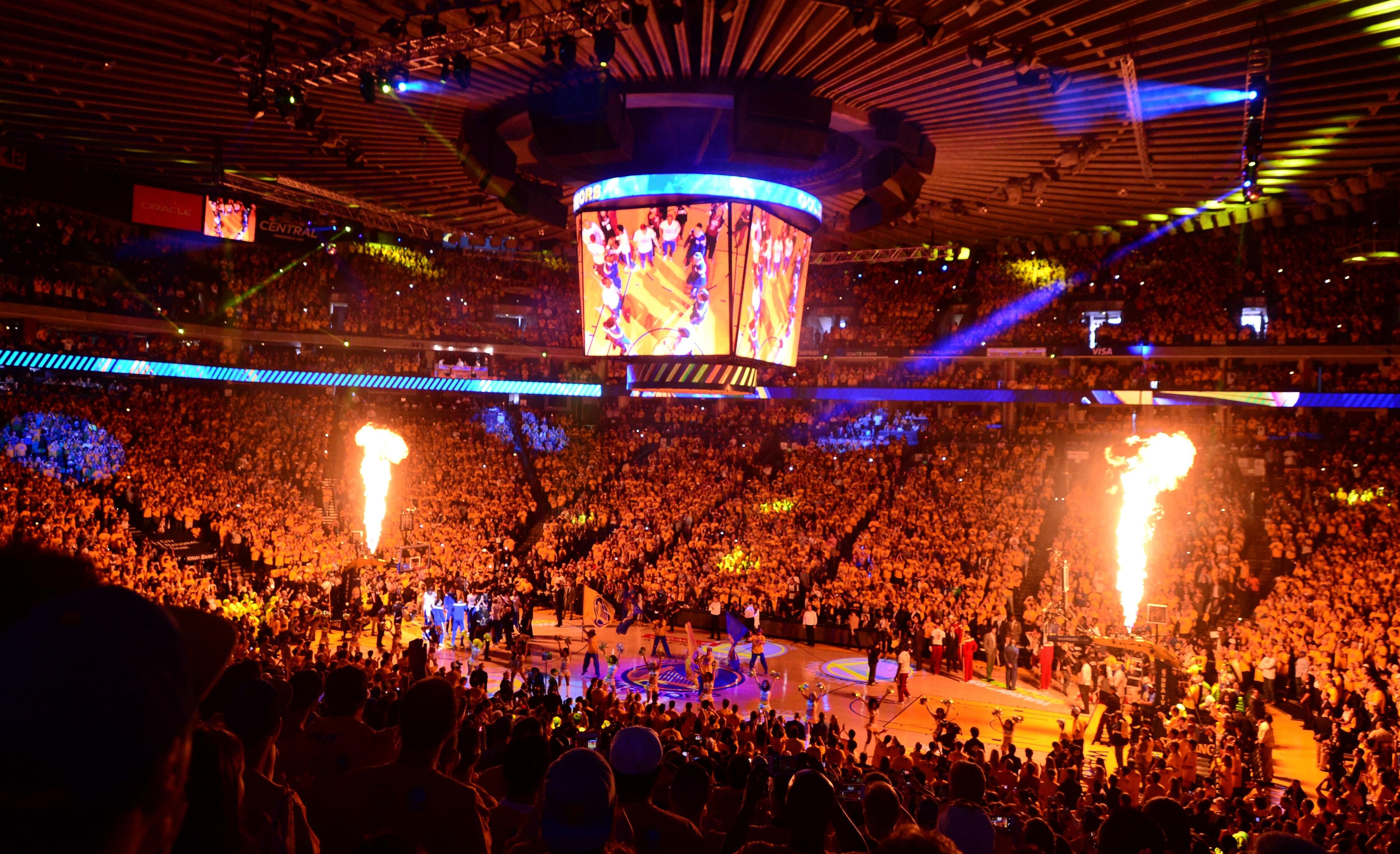 Players from the Golden State Warriors and Cleveland Cavaliers are introduced prior to the start of Game 5 of the 2015 NBA Finals on June 14, 2015 at the Oracle Arena in Oakland, California. The Warriors defeated the Cavaliers 104-91 to lead the best of s