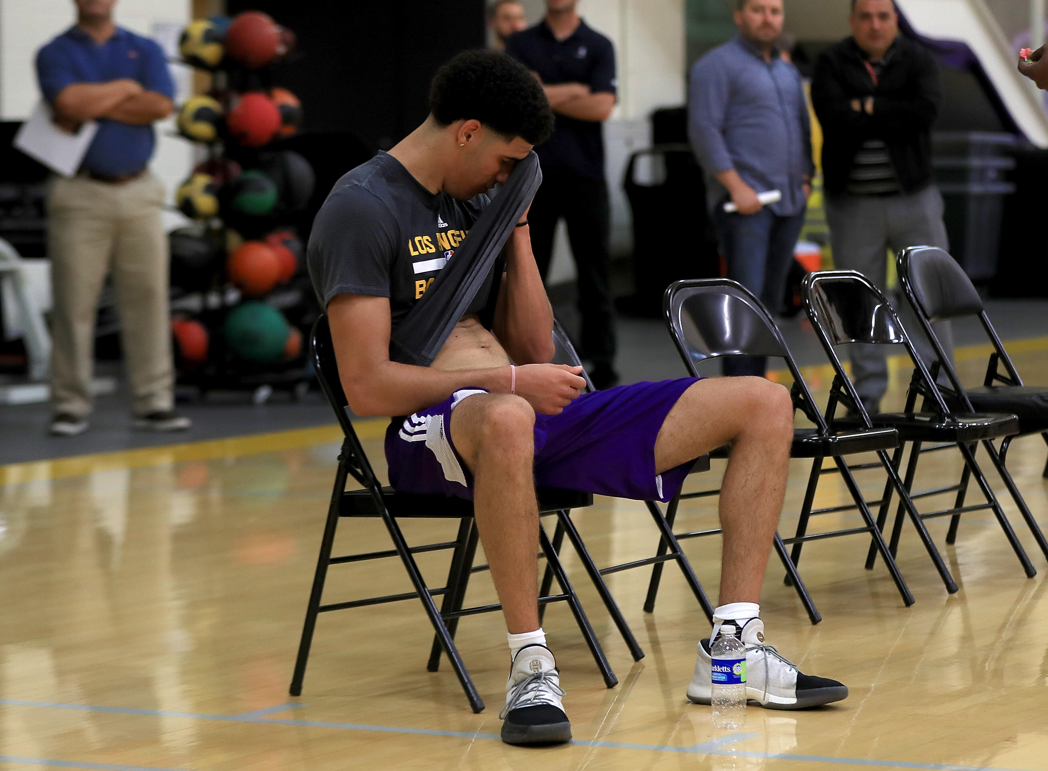 EL SEGUNDO, CA - JUNE 07:  NBA Prospect Lonzo Ball sits down after a workout with the Los Angeles Lakers at Toyota Sports Center on June 7, 2017 in El Segundo, California.  NOTE TO USER: User expressly acknowledges and agrees that, by downloading and or u