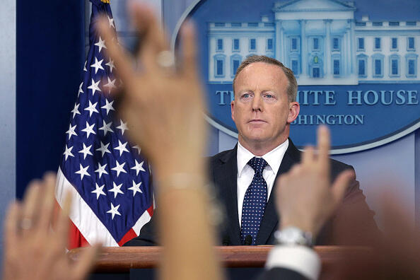 WASHINGTON, DC - JUNE 12:  White House Press Secretary Sean Spicer conducts a White House daily briefing at the James Brady Press Briefing Room of the White House June 12, 2017 in Washington, DC.  White House Press Secretary Sean Spicer held his daily briefing and answered questions surrounding U.S. Attorney General Jeff Session's role in the Russian interference in the 2016 presidential election.  (Photo by Alex Wong/Getty Images)