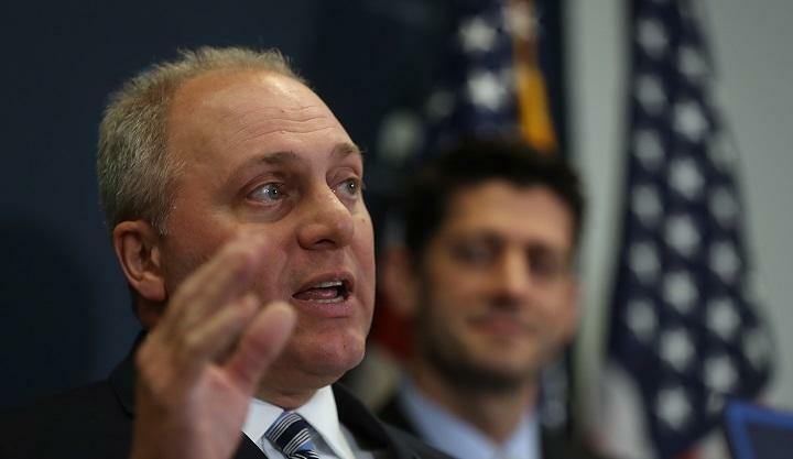 WASHINGTON, DC - MARCH 15:  House Majority Whip Steve Scalise (R-LA) speaks as House Speaker Paul Ryan (R-WI) looks on during a news conference at the U.S. Capitol on March 15, 2017 in Washington, DC.  Speaker Ryan and House Republicans discussed the Amer