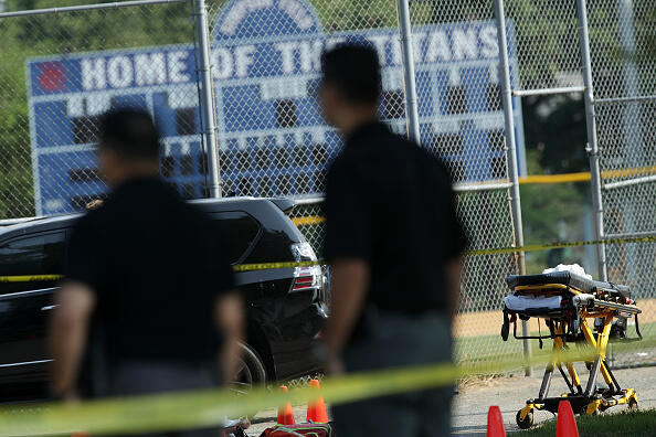 ALEXANDRIA, VA - JUNE 14:  Emergency Medical Service personnel gather outside the Eugene Simpson Stadium Park where a shooting took place on June 14, 2017 in Alexandria, Virginia. U.S. House Majority Whip Rep. Steve Scalise (R-LA) and multiple congressional aides were shot by a gunman during a Republican baseball practice.  (Photo by Alex Wong/Getty Images)