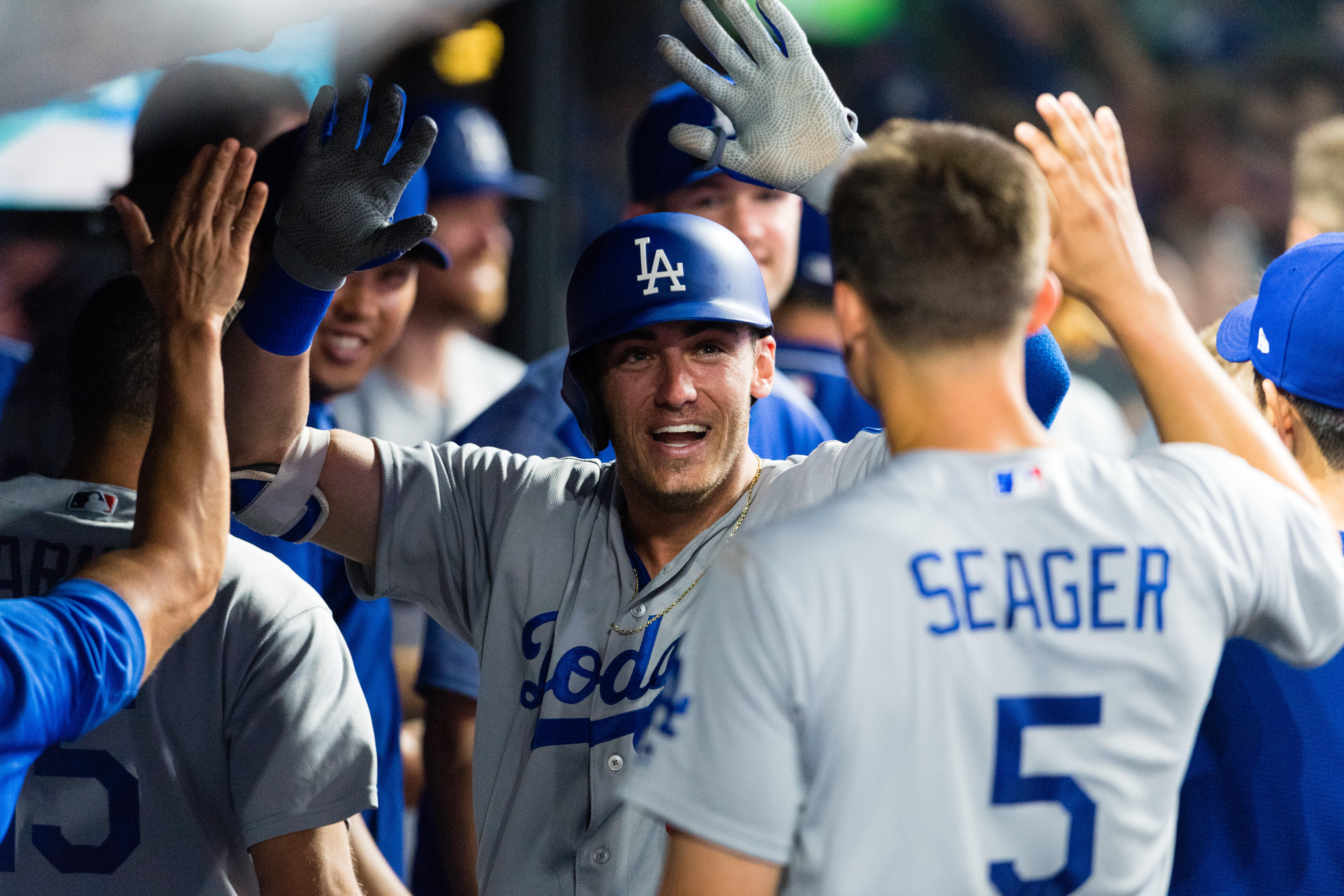 CLEVELAND, OH - JUNE 13: Cody Bellinger #35 of the Los Angeles Dodgers celebrates after a solo home run during the eighth inning against the Cleveland Indians at Progressive Field on June 13, 2017 in Cleveland, Ohio. (Photo by Jason Miller/Getty Images)