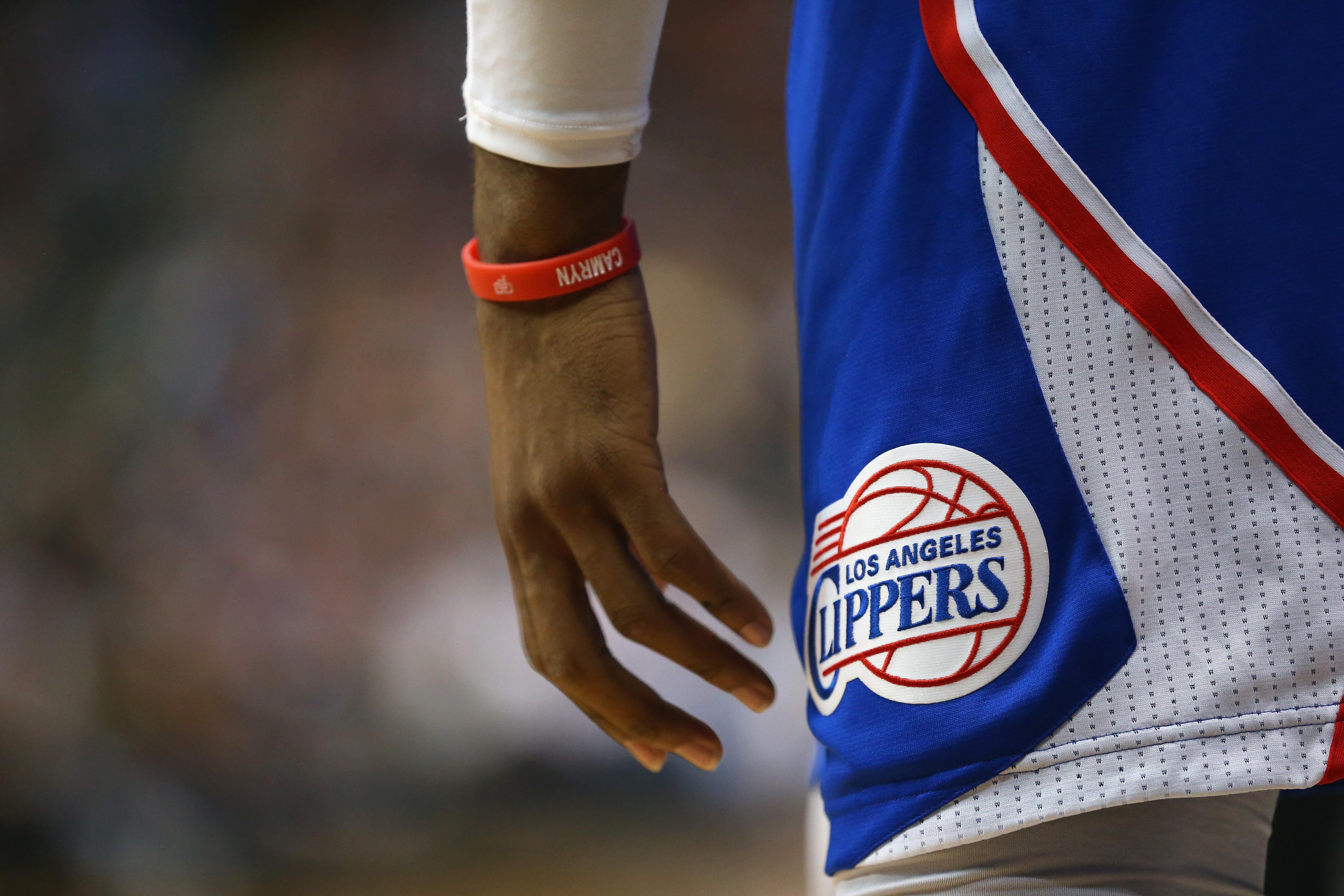 DALLAS, TX - FEBRUARY 09:  The Los Angeles Clippers logo worn by Chris Paul #3 of the Los Angeles Clippers at American Airlines Center on February 9, 2015 in Dallas, Texas.  NOTE TO USER: User expressly acknowledges and agrees that, by downloading and or 