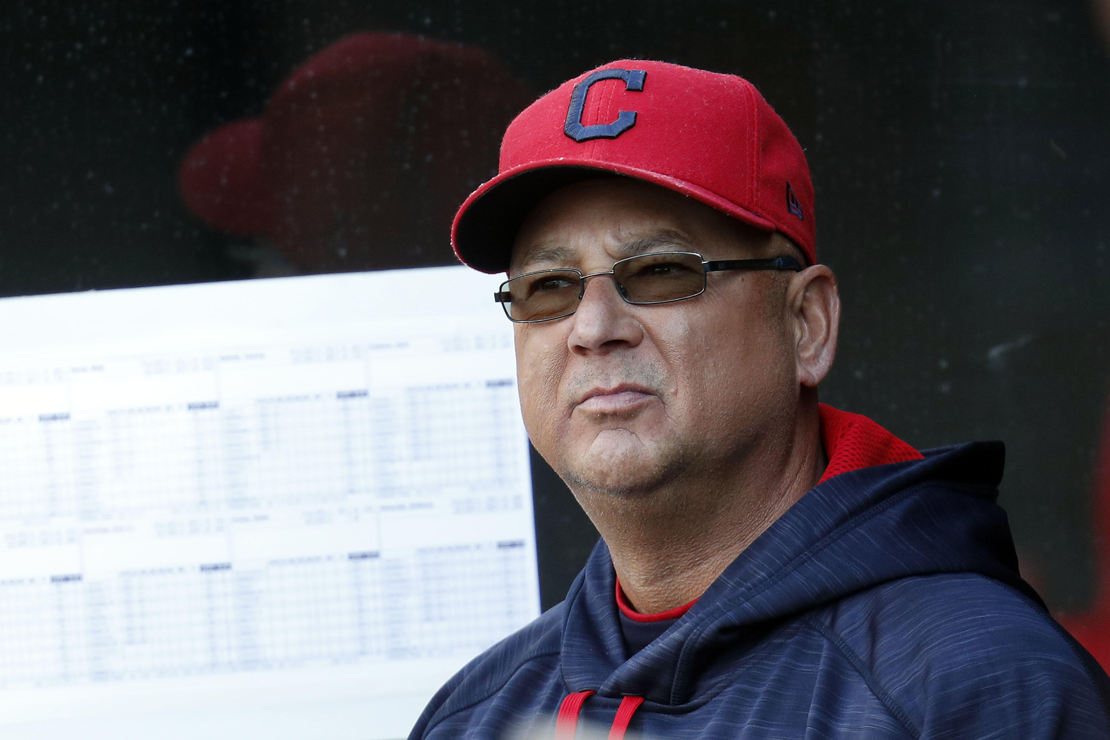 CLEVELAND, OH - APRIL 12: Manager Terry Francona #17 of the Cleveland Indians looks out from the dugout before the start of the game against the Chicago White Sox at Progressive Field on April 12, 2017 in Cleveland, Ohio. (Photo by David Maxwell/Getty Ima