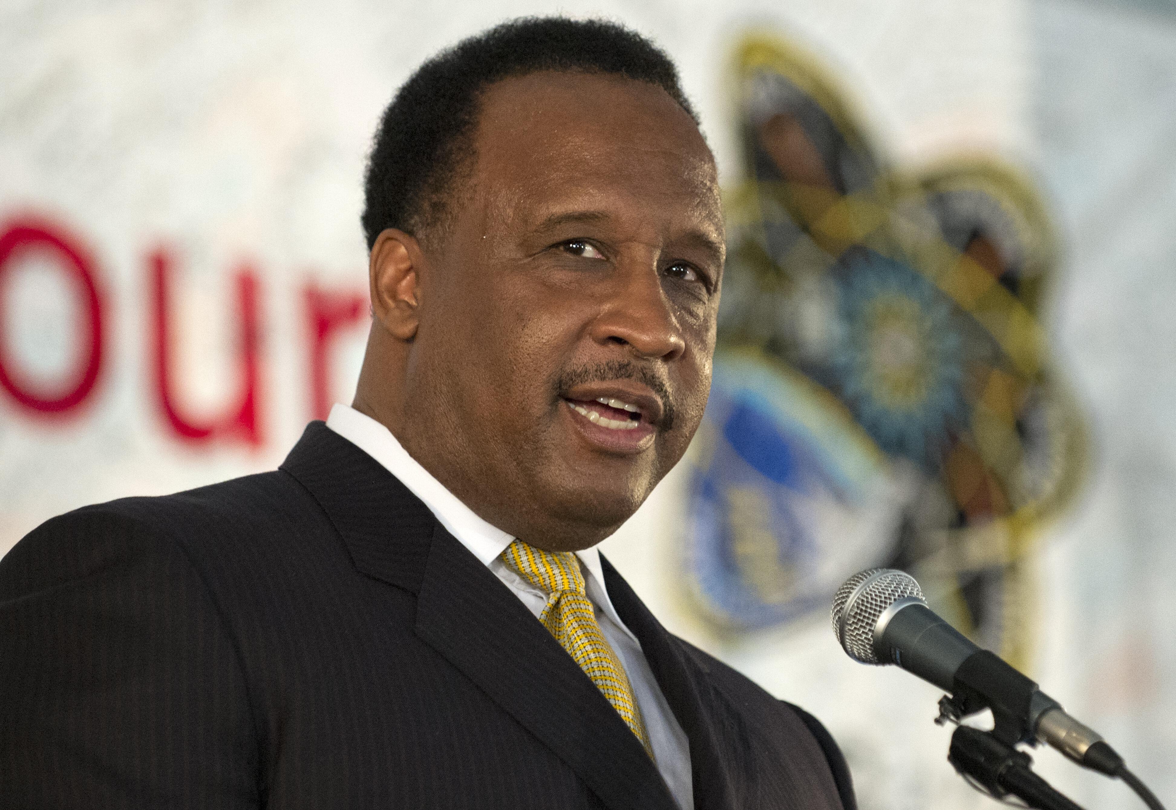 Inglewood, California Mayor James Butts speaks at a press conference Aiugust 8, 2012  to announce details of the transfer of the Space Shuttle Endeavour to its permanent home at the California Science Center in Los Angeles, California.  The five-story tal