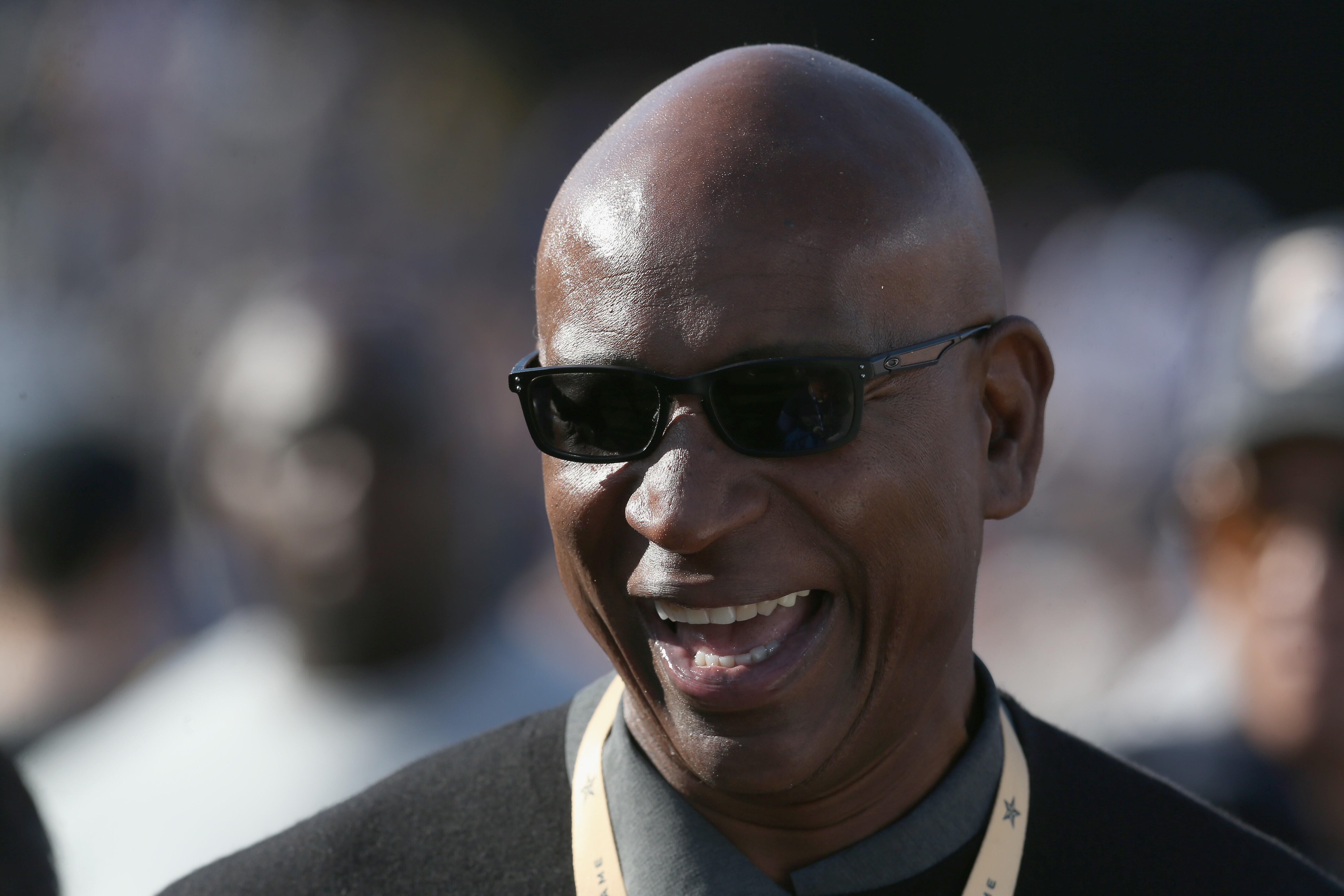 LOS ANGELES, CA - JANUARY 01:  Hall of Fame running back Eric Dickerson talks on the sidelines before the game between the Arizona Cardinals and the Los Angeles Rams at Los Angeles Memorial Coliseum on January 1, 2017 in Los Angeles, California.  (Photo b