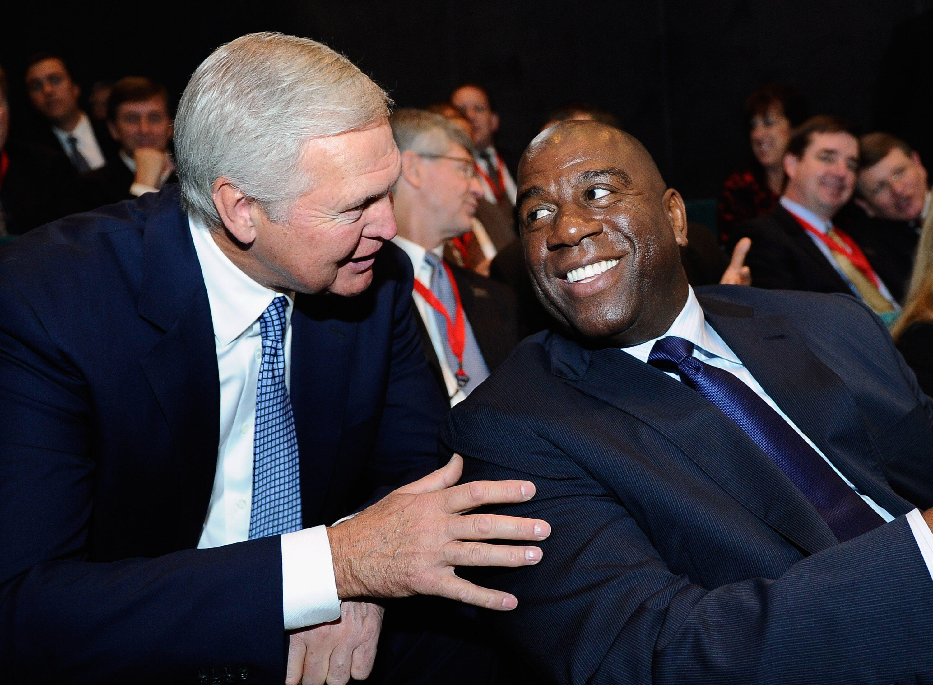 LOS ANGELES, CA - FEBRUARY 01: Los Angeles Lakers basketball greats Jerry West (L) and Magic Johnson during an event announcing naming rights for the new football stadium Farmers Field at Los Angeles Convention Center on February 1, 2011 in Los Angeles, C