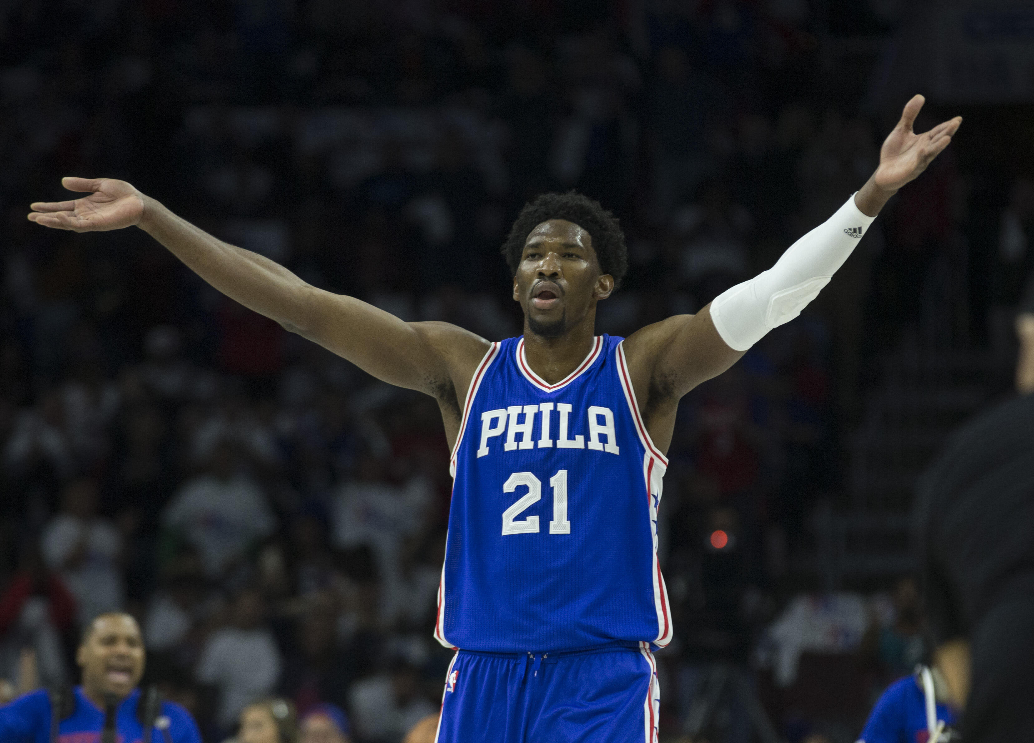 PHILADELPHIA, PA - OCTOBER 26: Joel Embiid #21 of the Philadelphia 76ers reacts against the Oklahoma City Thunder at Wells Fargo Center on October 26, 2016 in Philadelphia, Pennsylvania. NOTE TO USER: User expressly acknowledges and agrees that, by downlo