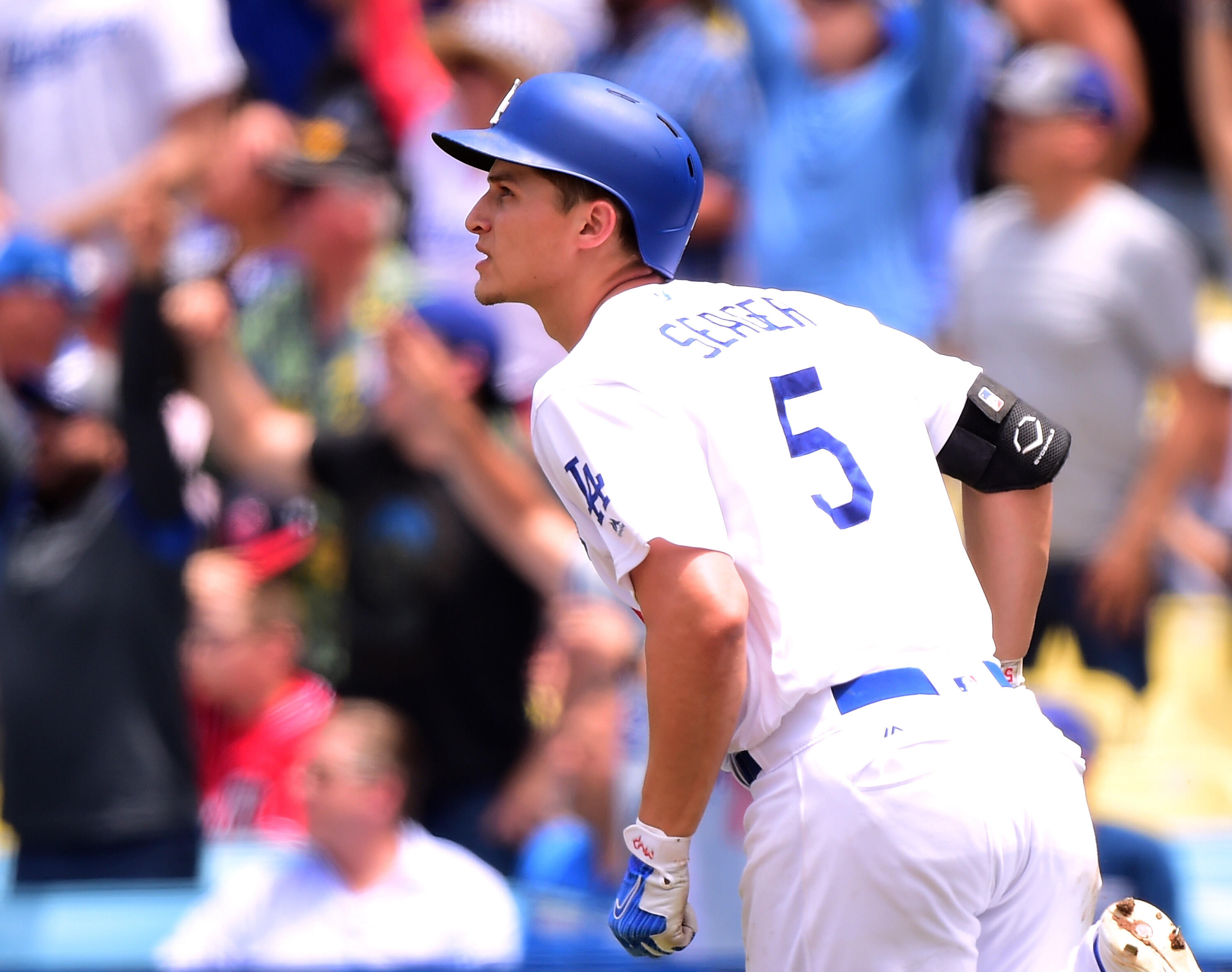 LOS ANGELES, CA - JUNE 07:  Corey Seager #5 of the Los Angeles Dodgers watches his solo homerun to tie the game 1-1 with the Washington Nationals during the sixth inning at Dodger Stadium on June 7, 2017 in Los Angeles, California.  (Photo by Harry How/Ge