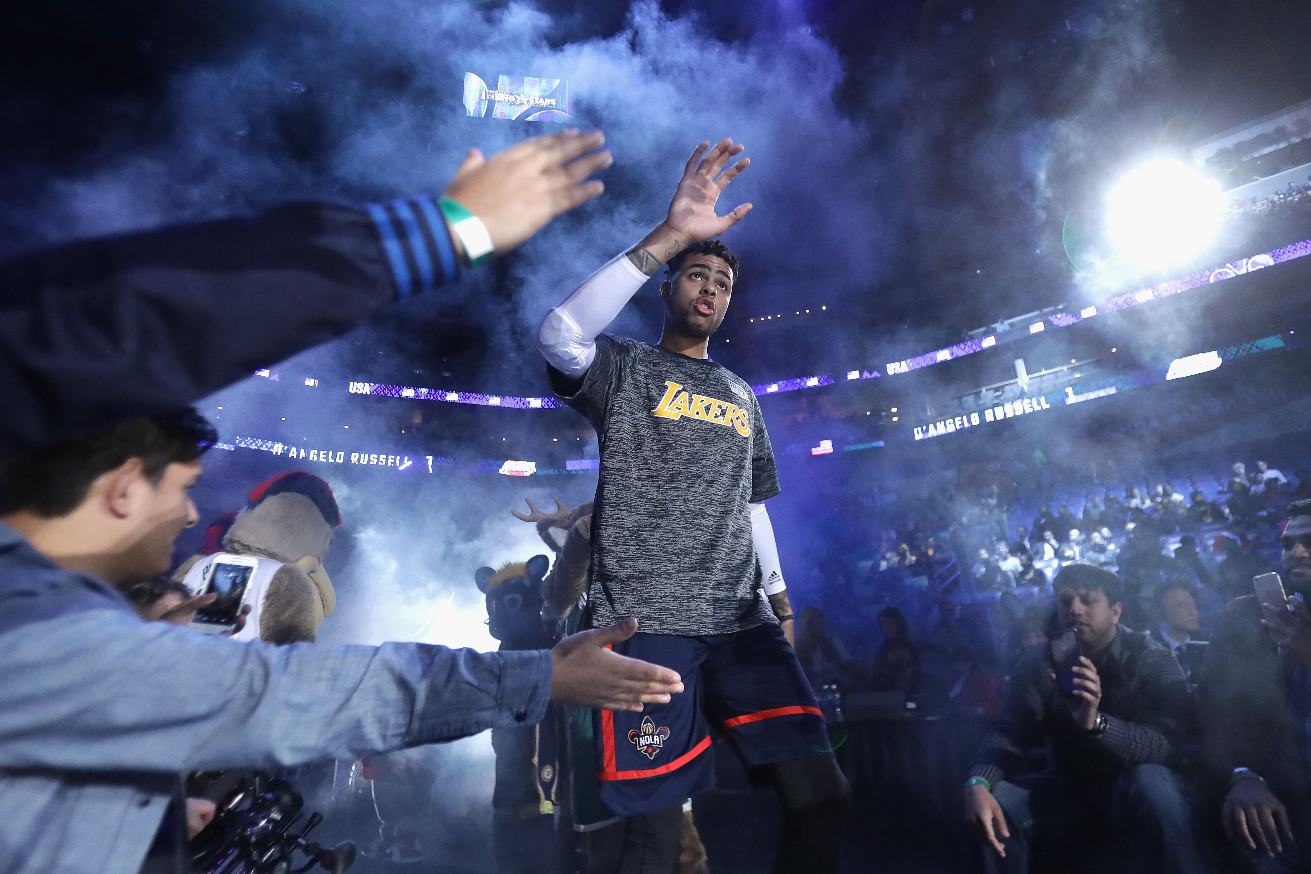 NEW ORLEANS, LA - FEBRUARY 17:  D'Angelo Russell #1 of the Los Angeles Lakers is introduced prior to the 2017 BBVA Compass Rising Stars Challenge at Smoothie King Center on February 17, 2017 in New Orleans, Louisiana.  (Photo by Ronald Martinez/Getty Imag