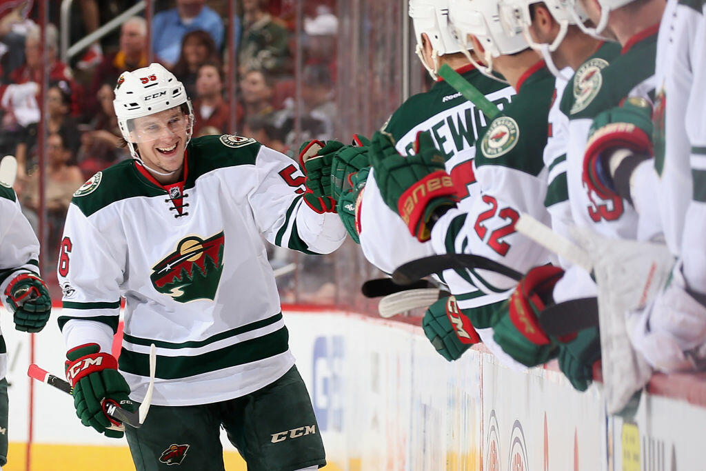 GLENDALE, AZ - APRIL 08:  Erik Haula #56 of the Minnesota Wild celebrates with teamamtes on the bench after scoring a goal against the Arizona Coyotes during the first period of the NHL game at Gila River Arena on April 8, 2017 in Glendale, Arizona.  (Photo by Christian Petersen/Getty Images)