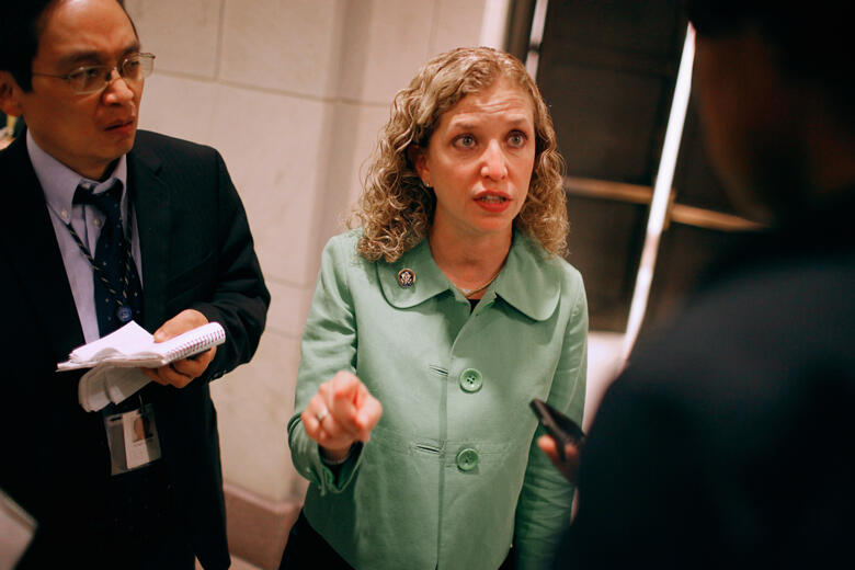 WASHINGTON, DC - JANUARY 04: Rep. Debbie Wasserman Schultz (D-FL) talks with reporters after a news conference in the U.S. Capitol Visitors Center January 4, 2011 in Washington, DC. Wasserman Schultz and other House Democratic leaders encouraged the incom