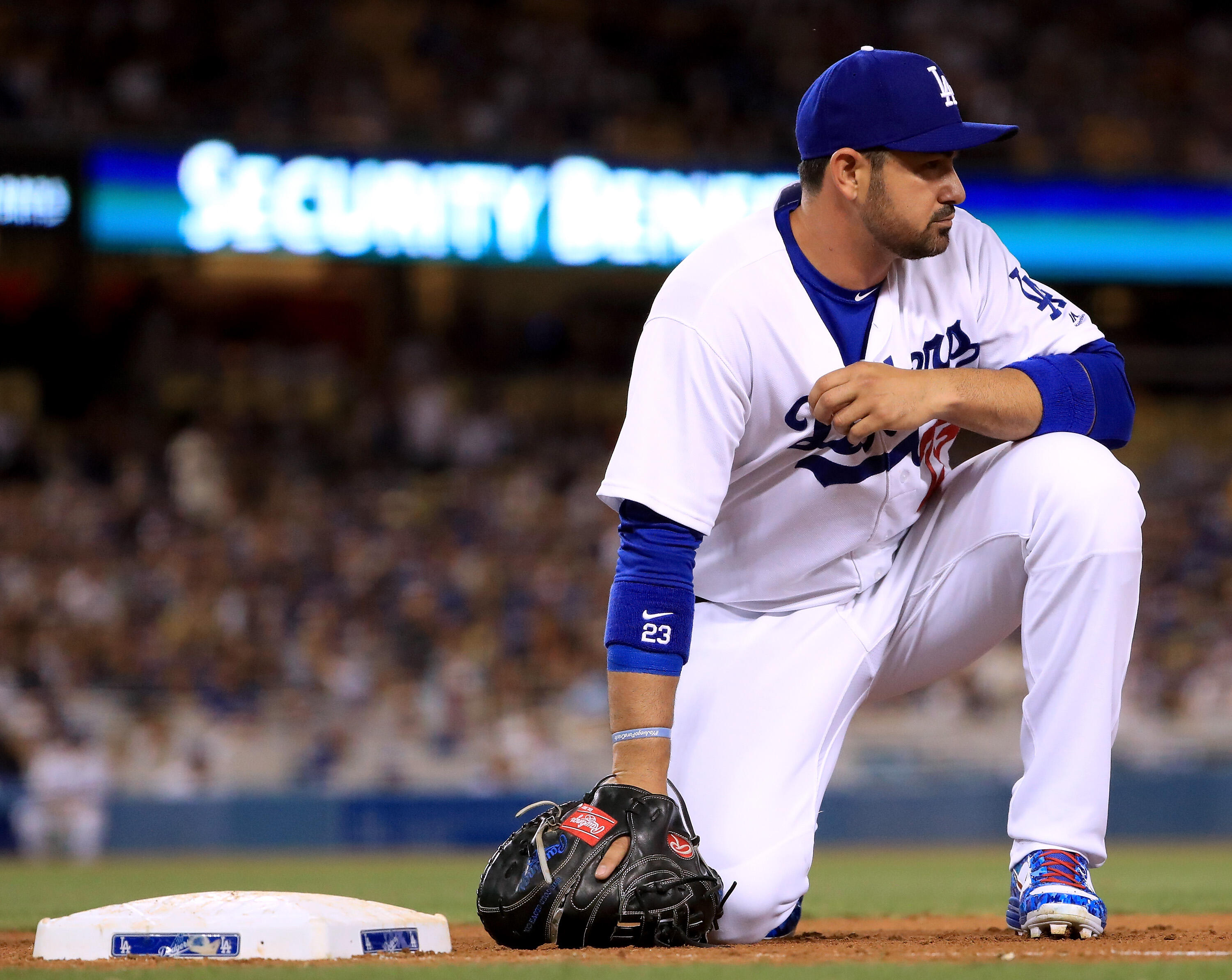 LOS ANGELES, CA - MAY 01:  Adrian Gonzalez #23 of the Los Angeles Dodgers reacts to a throwing error from Clayton Kershaw #22 allowing Gorkys Hernandez #66 of the San Francisco Giants to reach base during the fourth inning at Dodger Stadium on May 1, 2017