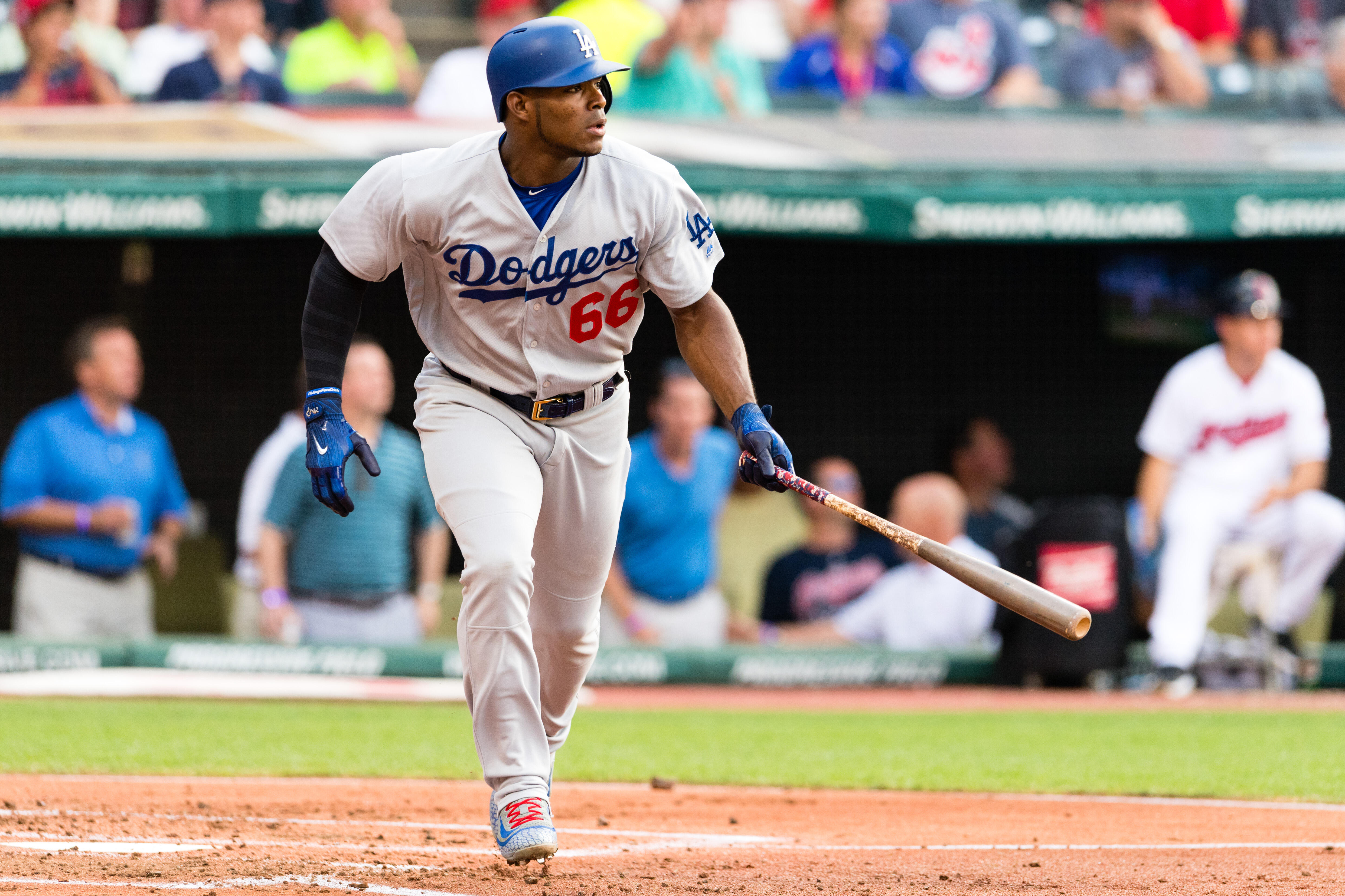 CLEVELAND, OH - JUNE 13: Yasiel Puig #66 of the Los Angeles Dodgers hits a two run home run during the second inning against the Cleveland Indians at Progressive Field on June 13, 2017 in Cleveland, Ohio. (Photo by Jason Miller/Getty Images)