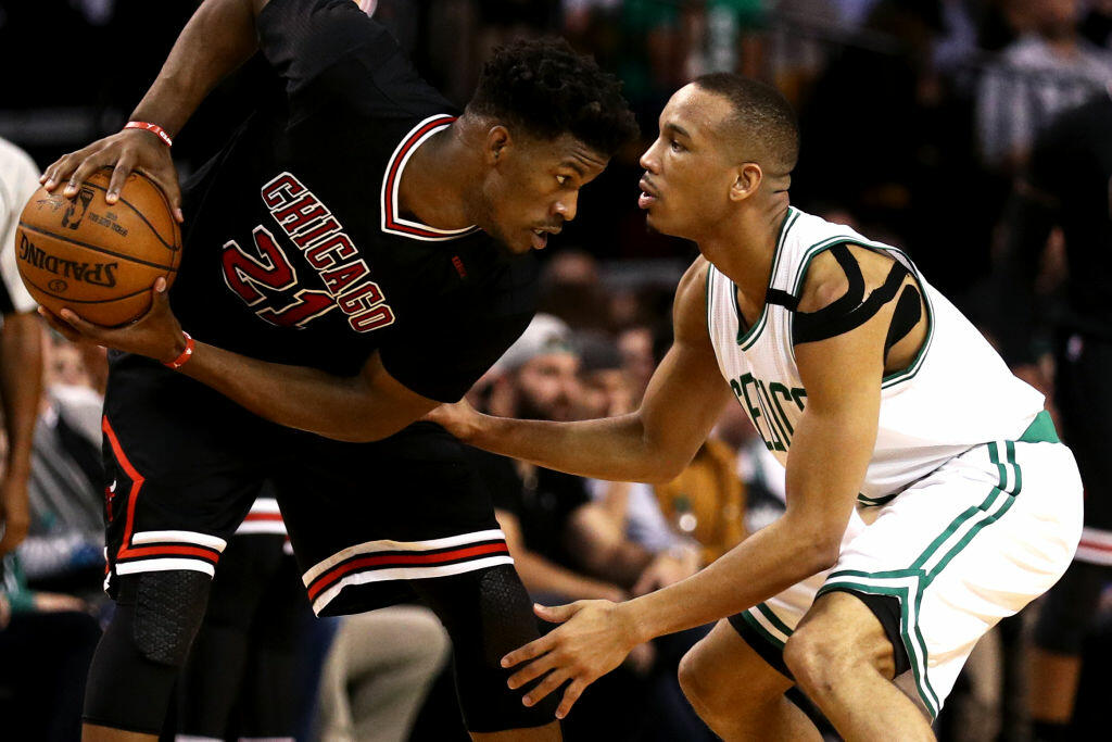 BOSTON, MA - APRIL 26: Avery Bradley #0 of the Boston Celtics defends Jimmy Butler #21 of the Chicago Bulls during the third quarter of Game Five of the Eastern Conference Quarterfinals at TD Garden on April 26, 2017 in Boston, Massachusetts. NOTE TO USER: User expressly acknowledges and agrees that, by downloading and or using this Photograph, user is consenting to the terms and conditions of the Getty Images License Agreement. (Photo by Maddie Meyer/Getty Images)