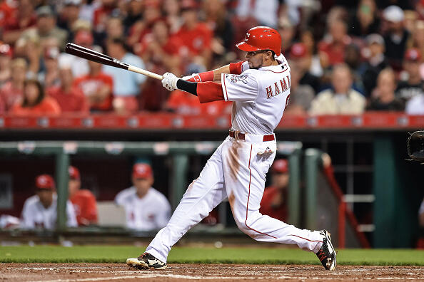 CINCINNATI, OH - MAY 11:  Billy Hamilton #6 of the Cincinnati Reds bats against the Atlanta Braves at Great American Ball Park on May 11, 2015 in Cincinnati, Ohio.   (Photo by Jamie Sabau/Getty Images) 