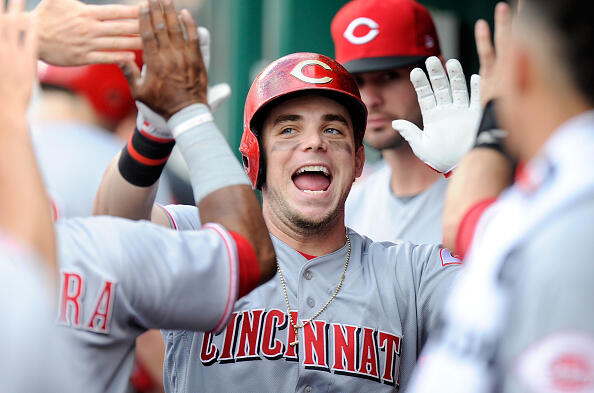 WASHINGTON, DC - JUNE 23: Scooter Gennett #4 of the Cincinnati Reds celebrates with teammates after hitting a home run in the first inning against the Washington Nationals at Nationals Park on June 23, 2017 in Washington, DC.  (Photo by Greg Fiume/Getty Images)