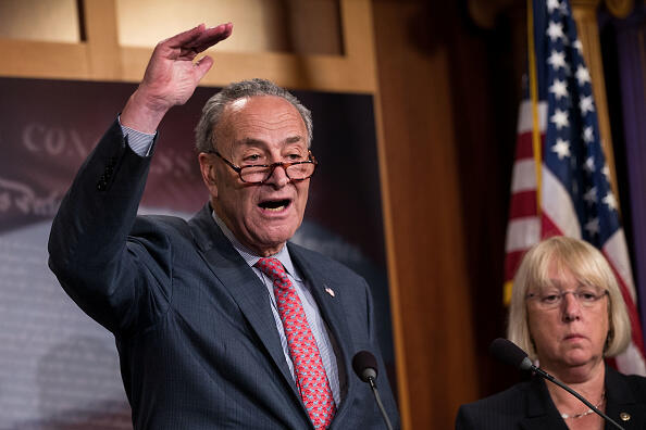 NEW YORK, NY - JUNE 26: (L to R) Senate Minority Leader Chuck Schumer (D-NY) speaks as Sen. Patty Murray (D-WA) looks on during a press conference about the Senate Republican health care bill, on Capitol Hill, June 26, 2017 in Washington, DC. According to the Congressional Budget Office report released on Monday, the Senate GOP health care bill could result in 22 million fewer Americans with health insurance. (Photo by Drew Angerer/Getty Images)