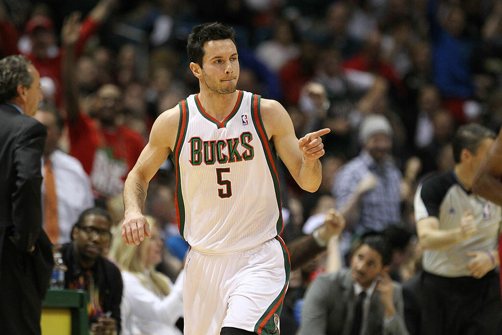 MILWAUKEE, WI - APRIL 25: J.J. Redick #5 of Milwaukee Bucks celebrates after hitting a three pointer against the Miami Heat during Game Three of the Western Conference Quarterfinals of the 2013 NBA Playoffs at Bradley Center on APRIL 25, 2013 in Milwaukee