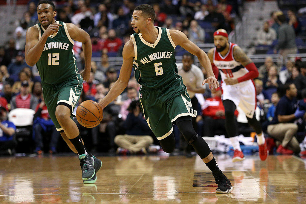 WASHINGTON, DC - JANUARY 13: Michael Carter-Williams #5 of the Milwaukee Bucks dribbles up the court in the first half against the Washington Wizards at Verizon Center on January 13, 2016 in Washington, DC. NOTE TO USER: User expressly acknowledges and agrees that, by downloading and or using this photograph, User is consenting to the terms and conditions of the Getty Images License Agreement. (Photo by Patrick Smith/Getty Images)