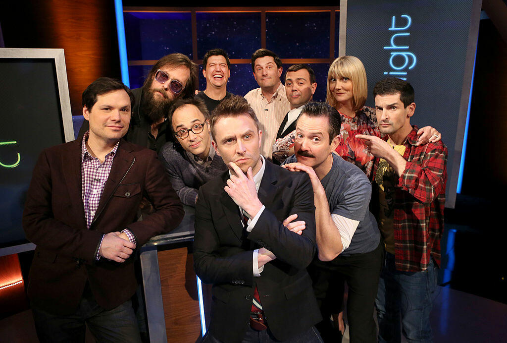 LOS ANGELES, CA - JANUARY 27:  (L-R) Comedian Michael Ian Black, director Michael Patrick Jann, comedians David Wain, Ken Marino, Chris Hardwick, Michael Showalter, Lo Truglio, Thomas Lennon, Kerri Kenney-Silver and Robert Ben Garant pose for a photo as T