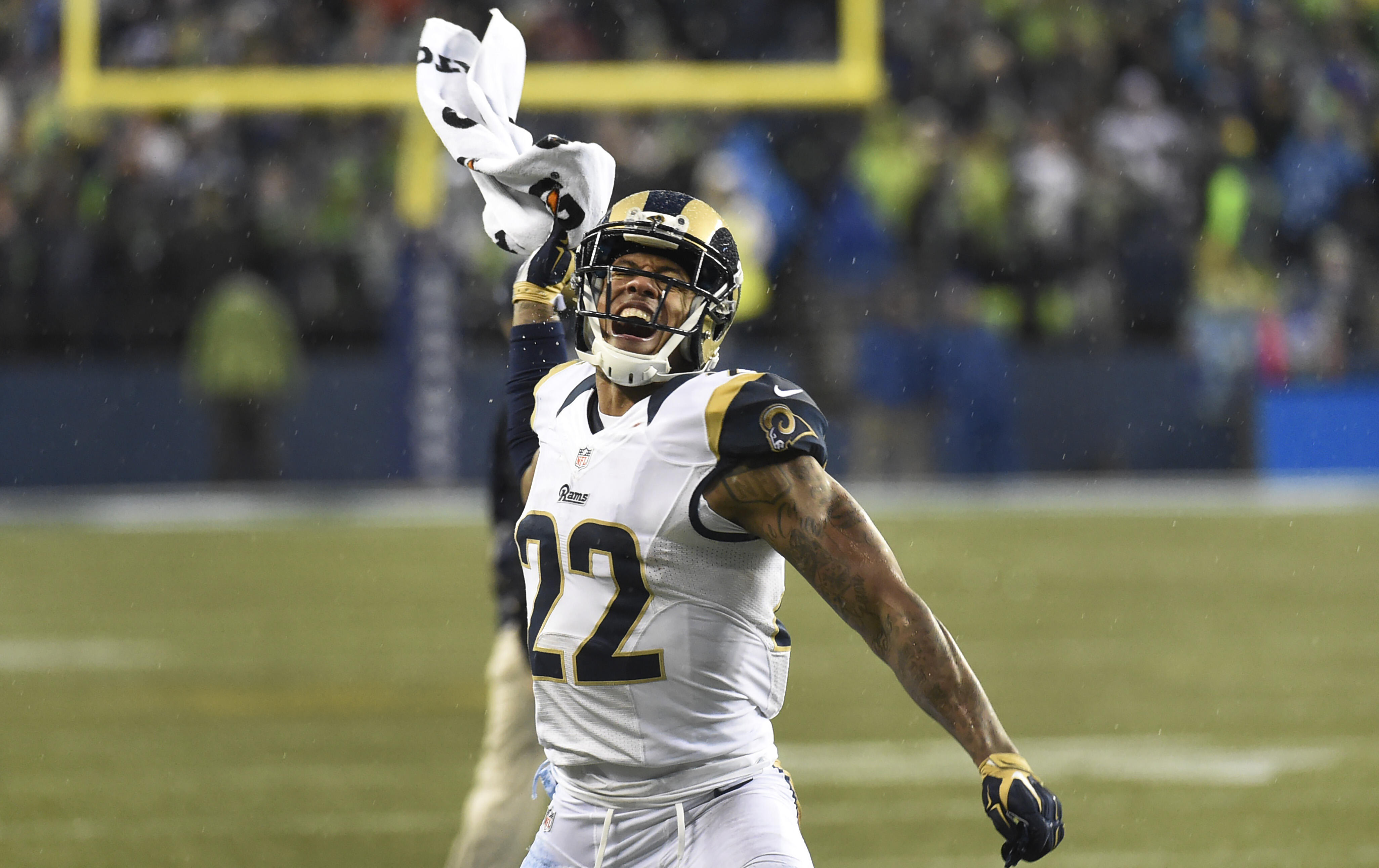 SEATTLE, WA - DECEMBER 27: Cornerback Trumaine Johnson #22 of the St. Louis Rams celebrates after the Rams recovered a fumble during the fourth quarter of the game against the Seattle Seahawks at CenturyLink Field on December 27, 2015 in Seattle, Washingt