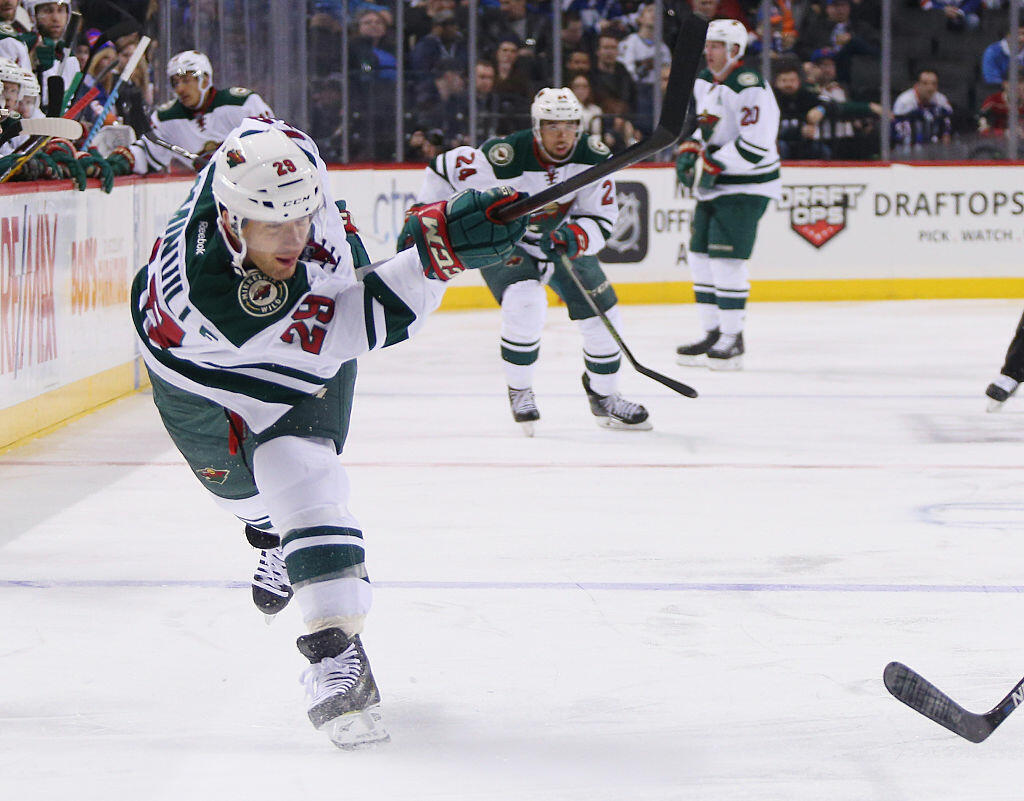 NEW YORK, NY - FEBRUARY 02:  Jason Pominville #29 of the Minnesota Wild skates against the New York Islanders at the Barclays Center on February 2, 2016 in the Brooklyn borough of New York City.The Islanders defeated the Wild 5-3.  (Photo by Bruce Bennett/Getty Images)