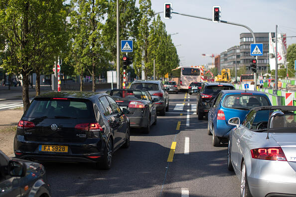 Automobiles stand at traffic lights on a congested road during morning rush hour in Luxembourg, on Wednesday, June 14, 2017. While many find the Grand Duchy a multilingual paradise, would-be expats are being warned not to expect the cosmopolitan lifestyle they currently enjoy in London and that they should prepare to spend long hours on clogged roads. Photographer: Jasper Juinen/Bloomberg via Getty Images