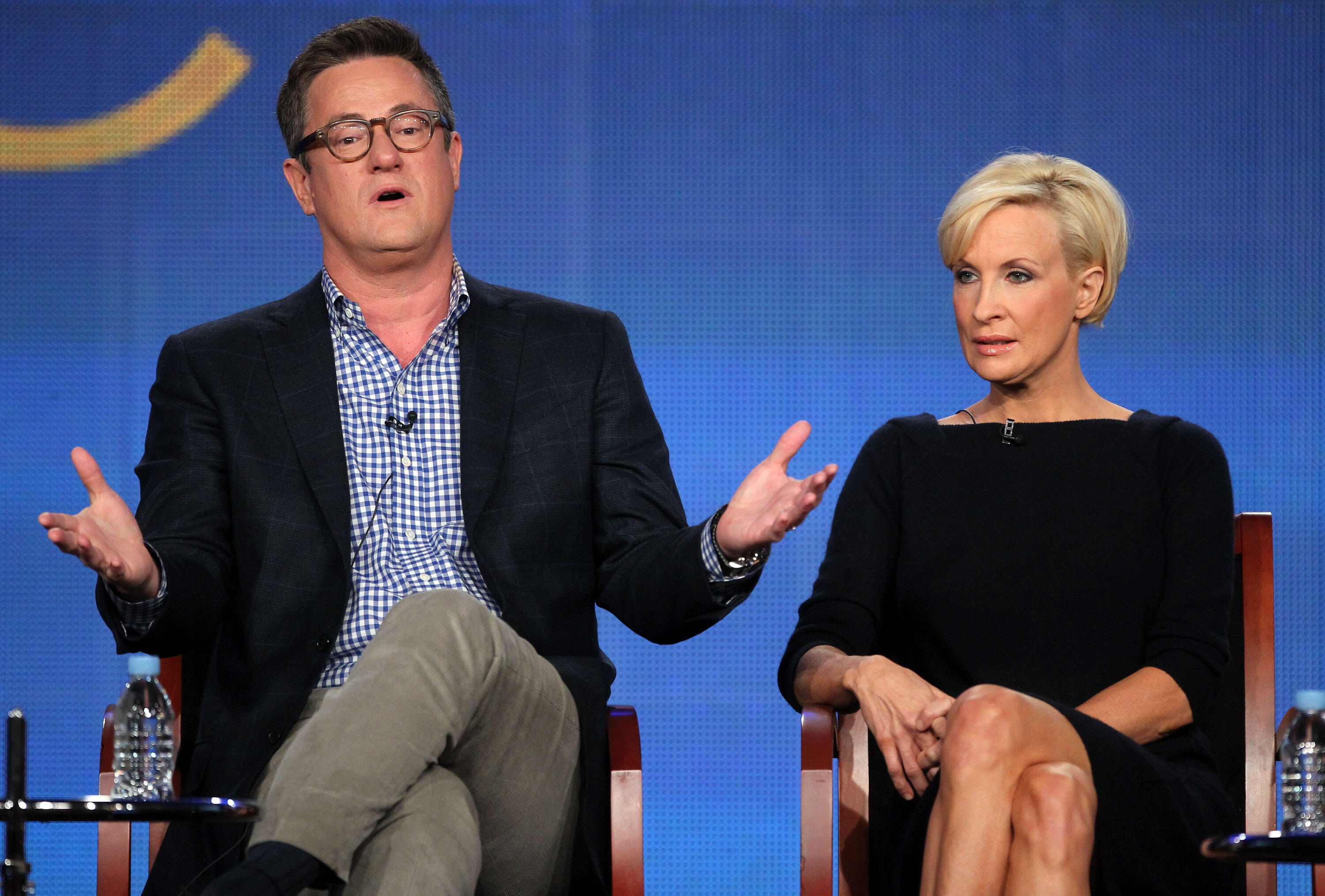 PASADENA, CA - JANUARY 07:  (L-R) Host Joe Scarborough and co-host Mika Brzezinski speak onstage during the 'Morning Joe' panel during the NBCUniversal portion of the 2012 Winter TCA Tour at The Langham Huntington Hotel and Spa on January 7, 2012 in Pasad