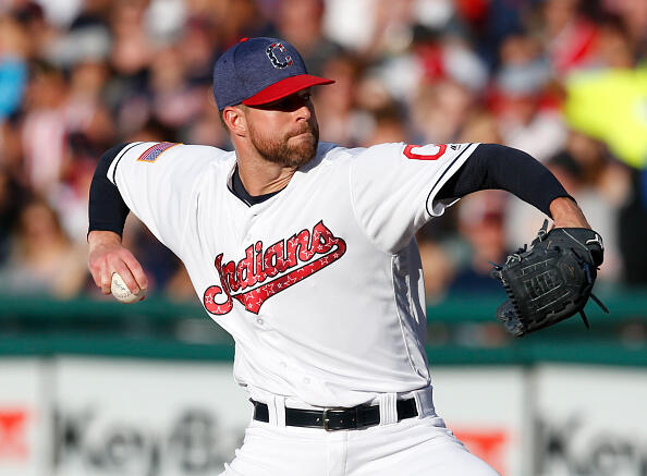 CLEVELAND, OH - JULY 04: Corey Kluber #28 of the Cleveland Indians pitches against the San Diego Padres during the second inning at Progressive Field on July 4, 2017 in Cleveland, Ohio. (Photo by Ron Schwane/Getty Images)