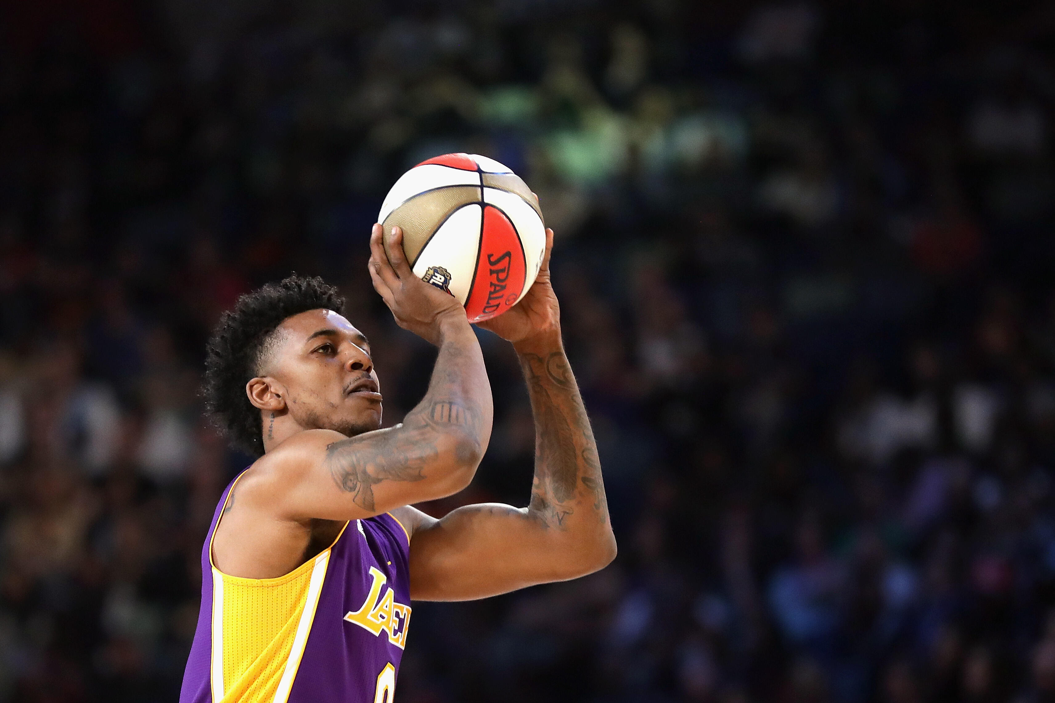 NEW ORLEANS, LA - FEBRUARY 18:  Nick Young #0 of the Los Angeles Lakers competes in the 2017 JBL Three-Point Contest at Smoothie King Center on February 18, 2017 in New Orleans, Louisiana. NOTE TO USER: User expressly acknowledges and agrees that, by down