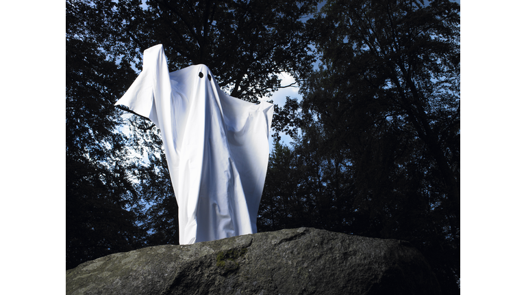 Ghost made of sheets, standing on a rock
