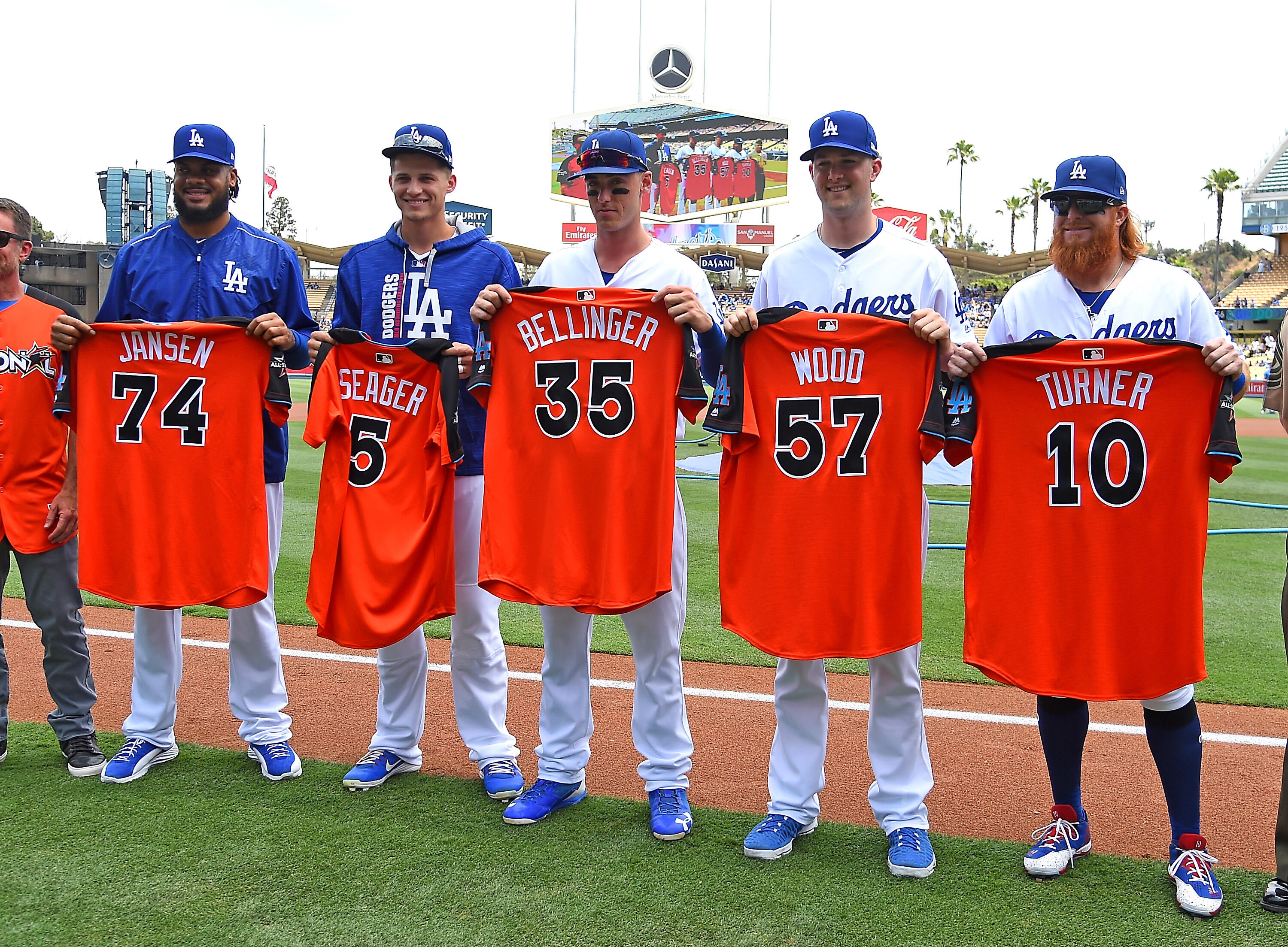 LOS ANGELES, CA - JULY 09:  Los Angeles Dodgers players who will be attending the MLB All-Star game hold their jerseys before the game against the Kansas City Royals at Dodger Stadium on July 9, 2017 in Los Angeles, California.  L-R: Kenley Jansen #74, Co