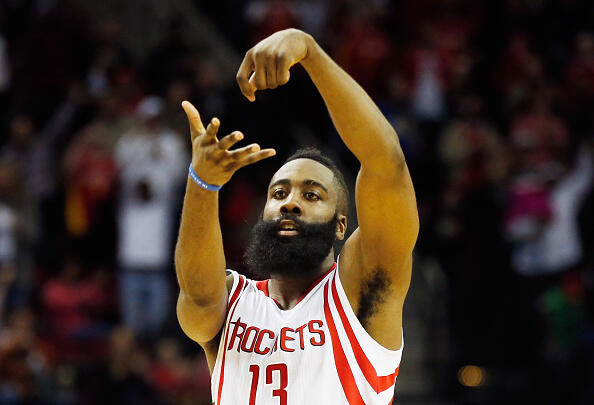 HOUSTON, TX - FEBRUARY 27:  James Harden #13 of the Houston Rockets celebrates a basket during their game against the Brooklyn Nets at the Toyota Center on February 27, 2015 in Houston, Texas. NOTE TO USER: User expressly acknowledges and agrees that, by downloading and/or using this photograph, user is consenting to the terms and conditions of the Getty Images License Agreement.  (Photo by Scott Halleran/Getty Images)