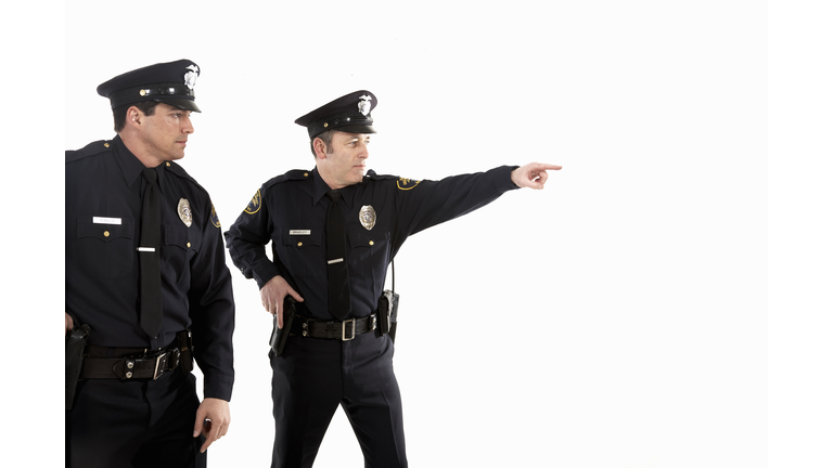 Male police officers pointing