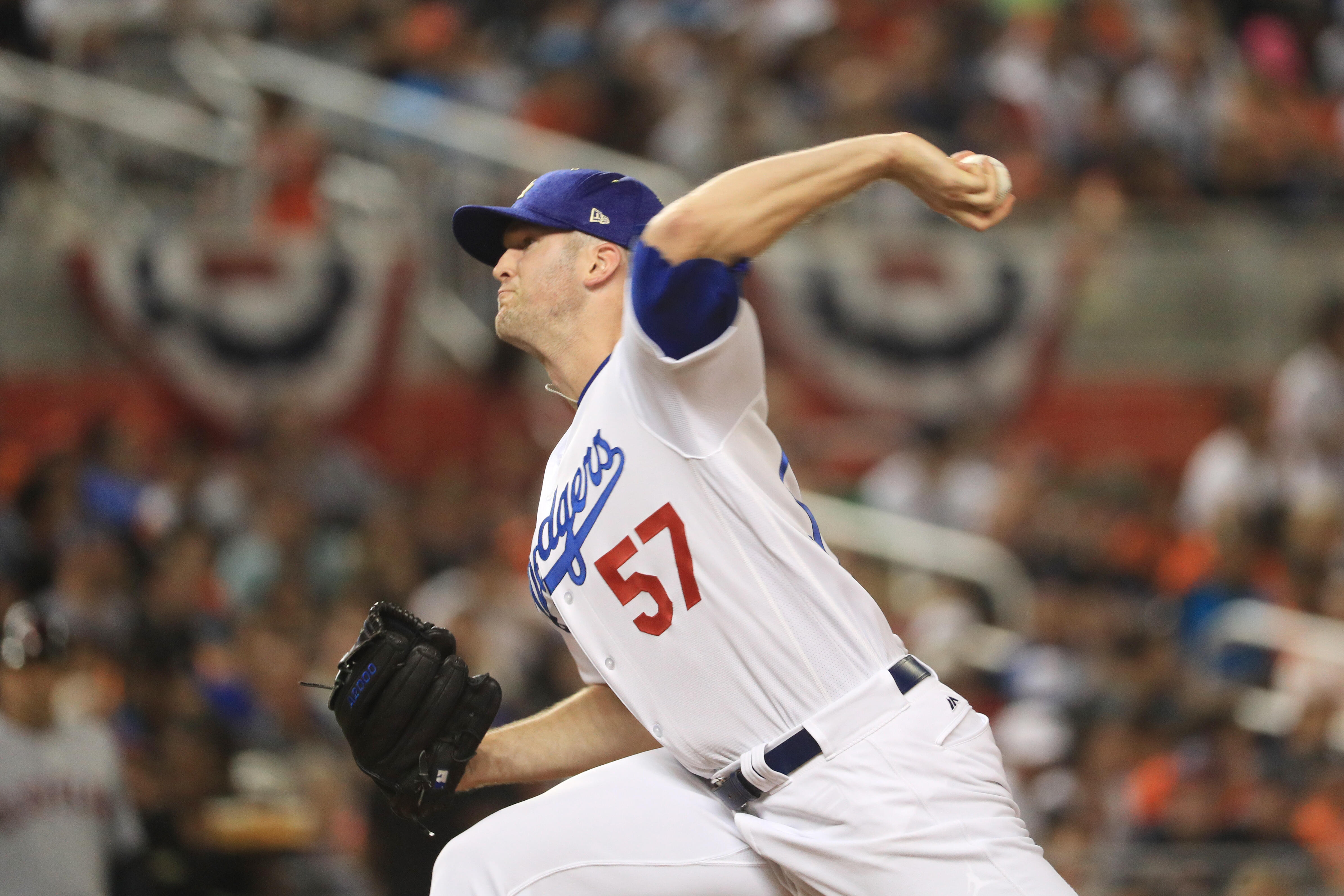 MIAMI, FL - JULY 11: Alex Wood #57 of the Los Angeles Dodgers and the National League delivers the pitch during the 88th MLB All-Star Game at Marlins Park on July 11, 2017 in Miami, Florida.  (Photo by Mike Ehrmann/Getty Images)