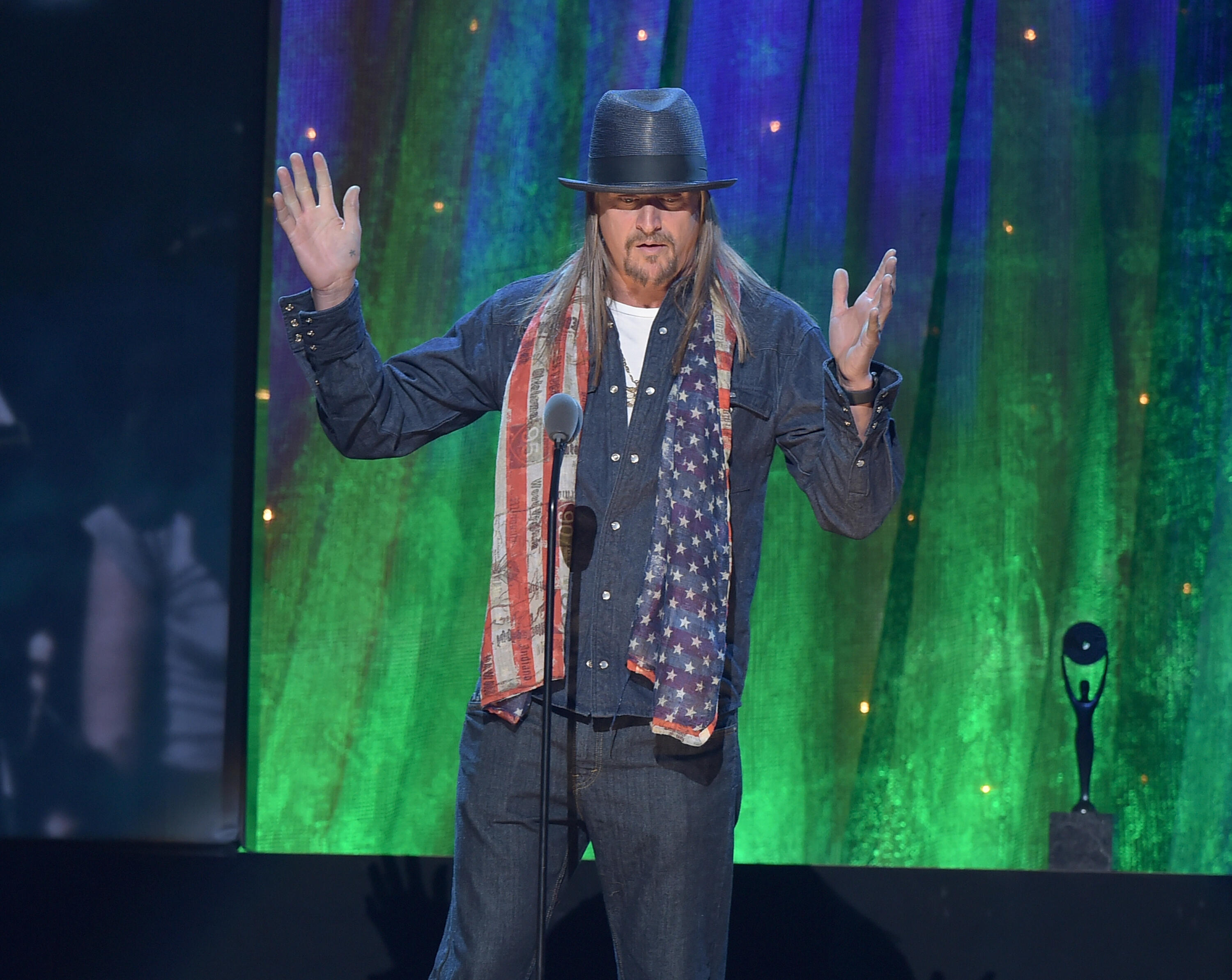 NEW YORK, NEW YORK - APRIL 08:  Kid Rock inducts Cheap Trick at the 31st Annual Rock And Roll Hall Of Fame Induction Ceremony at Barclays Center on April 8, 2016 in New York City.  (Photo by Theo Wargo/Getty Images)