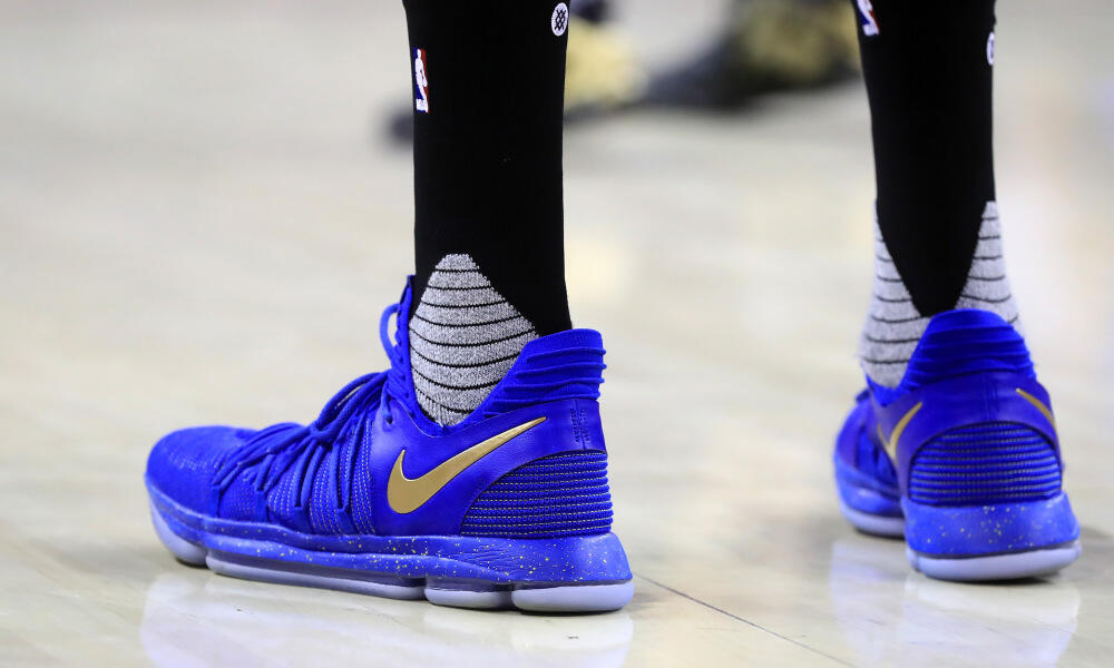 CLEVELAND, OH - JUNE 09: A detail view of the Nike KD10 sneakers worn by Kevin Durant #35 of the Golden State Warriors in the second half against the Cleveland Cavaliers in Game 4 of the 2017 NBA Finals at Quicken Loans Arena on June 9, 2017 in Cleveland,