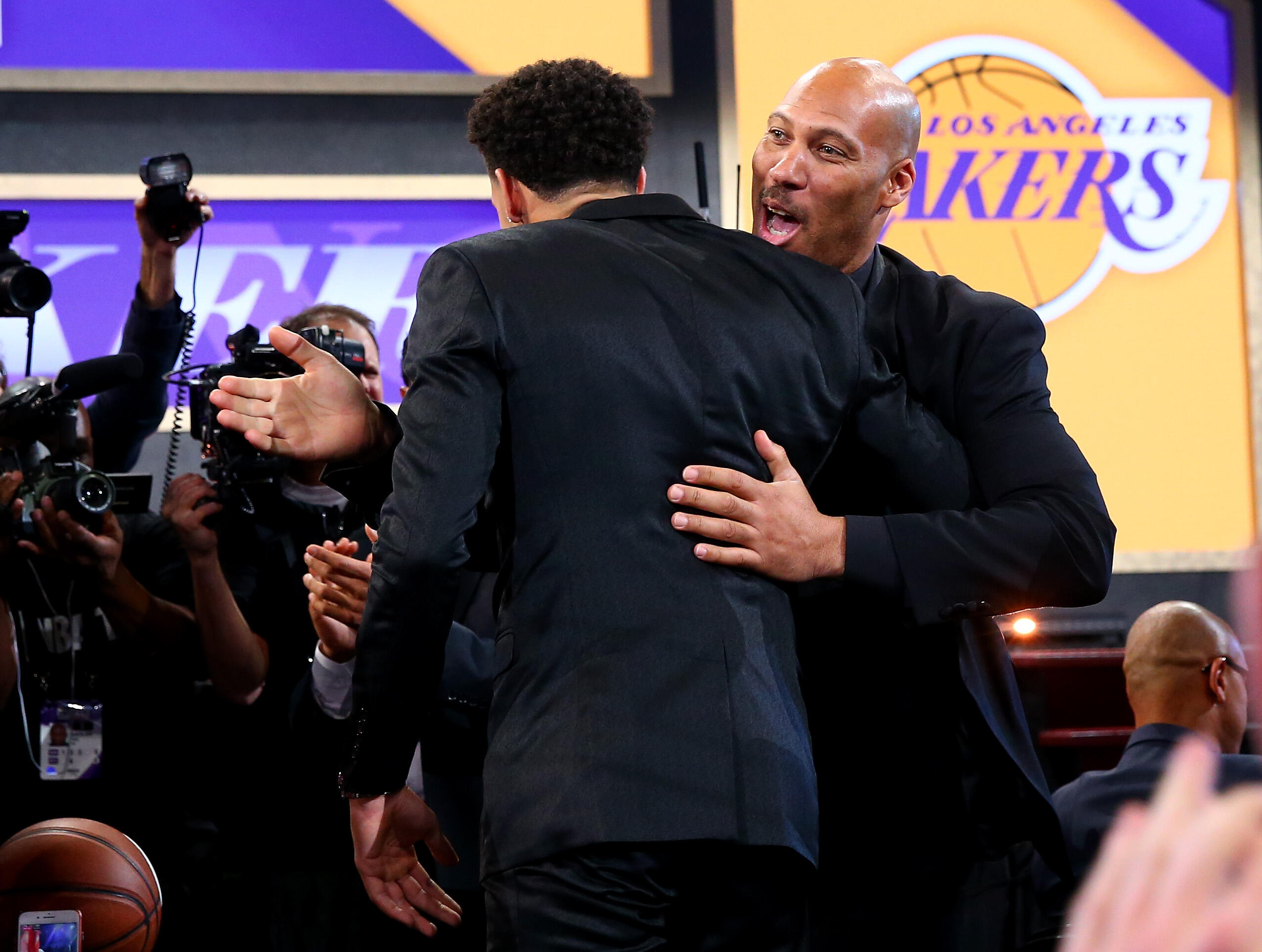 NEW YORK, NY - JUNE 22: Lonzo Ball reacts with his father LaVar Ball after being drafted second overall by the Los Angeles Lakers during the first round of the 2017 NBA Draft at Barclays Center on June 22, 2017 in New York City. NOTE TO USER: User express